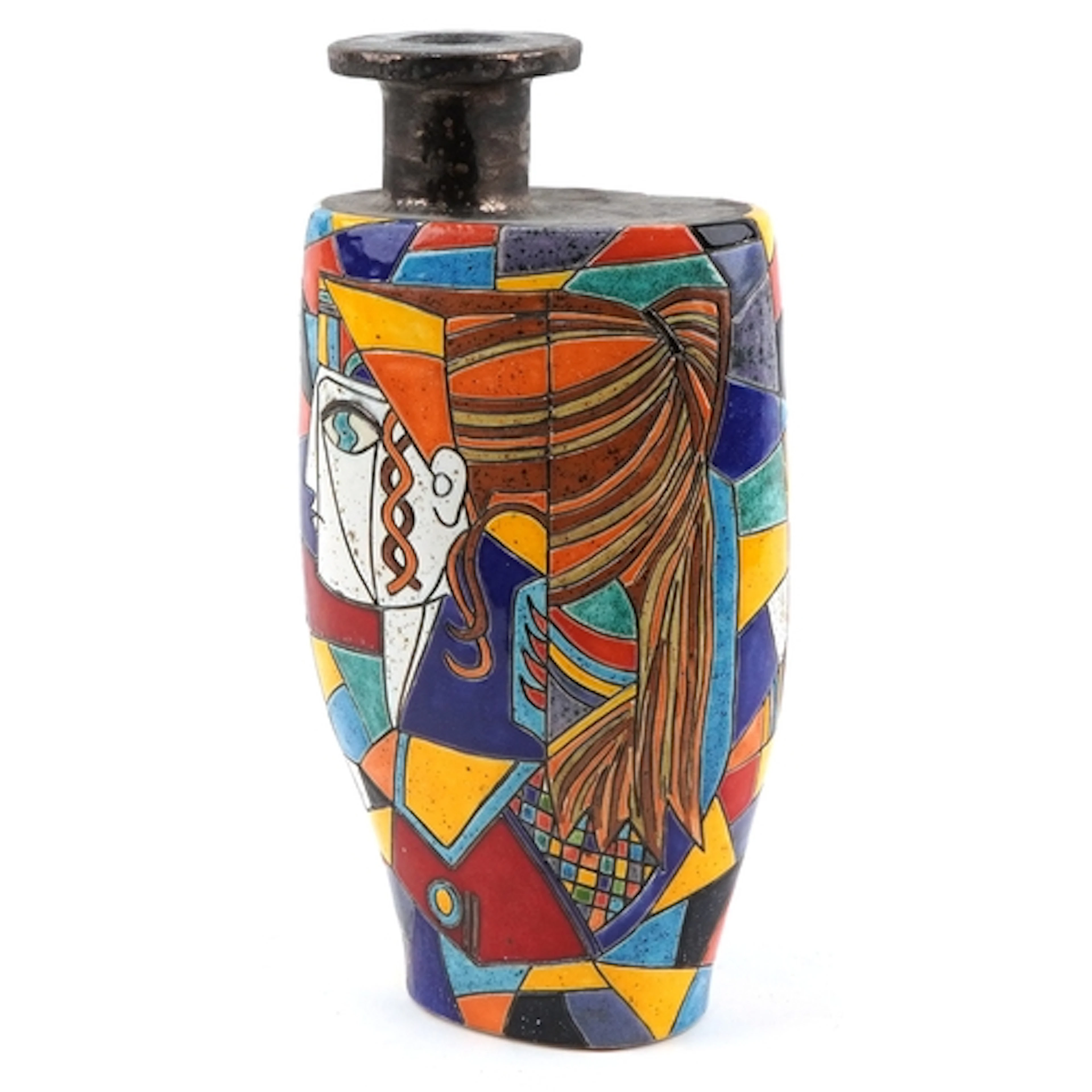Stoneware vase hand painted and incised with an abstract por...