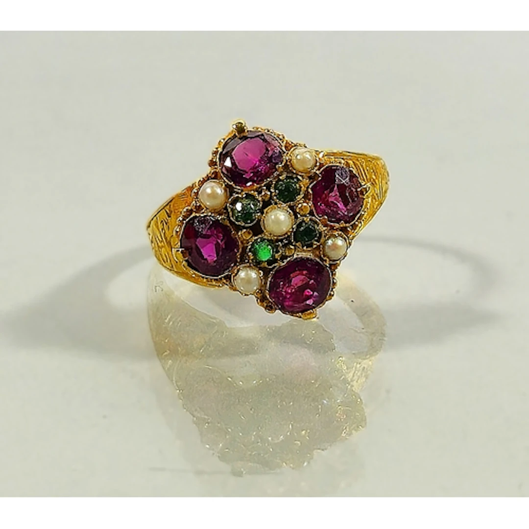 Victorian gold amethyst, emerald and seed pearl ladies clust...