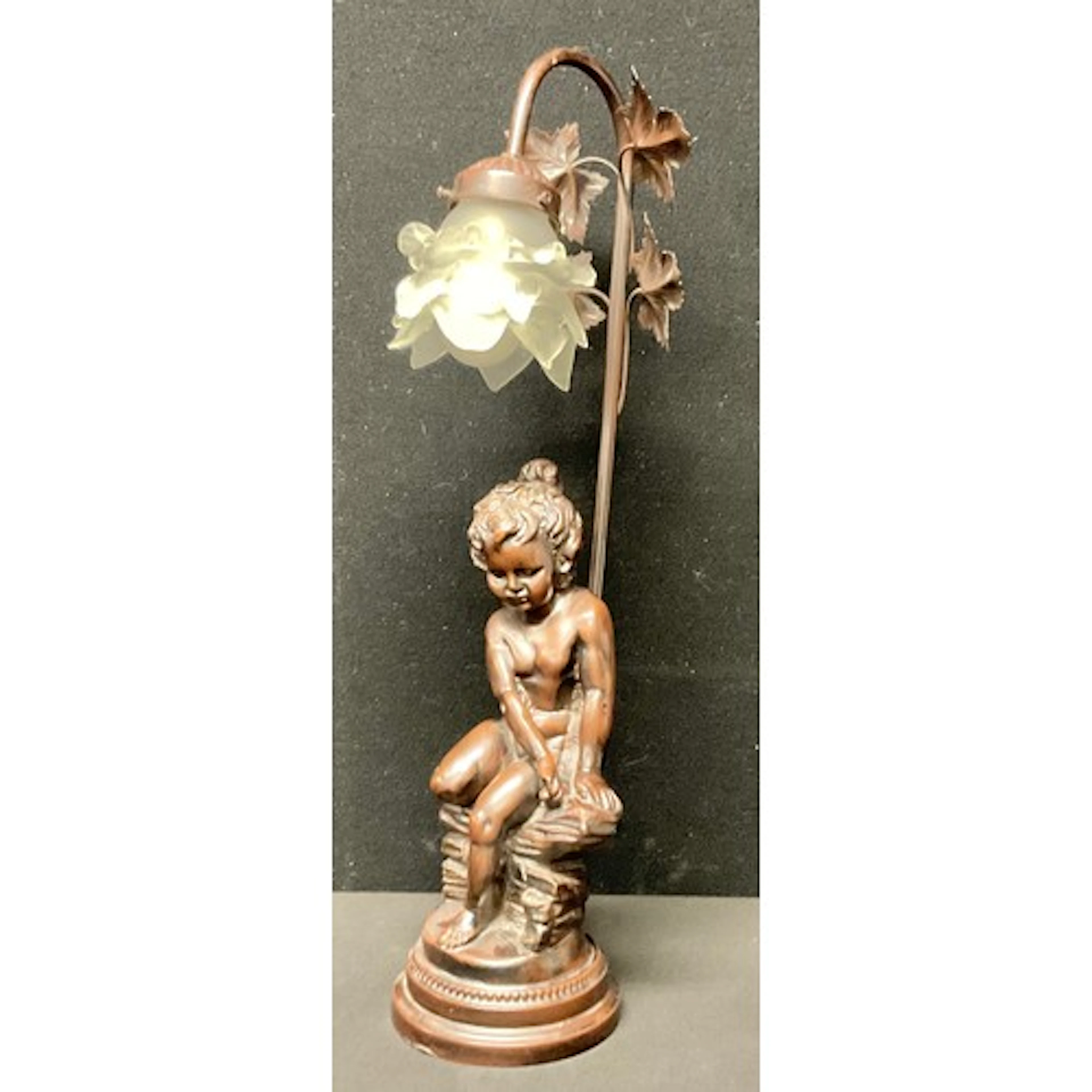An Art Nouveau style figural table lamp, as a child seated o...