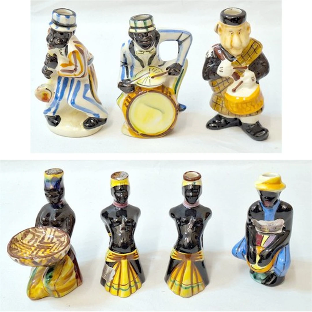 4 Vintage Drioli Empty Ceramic Bottles all African themed, t...