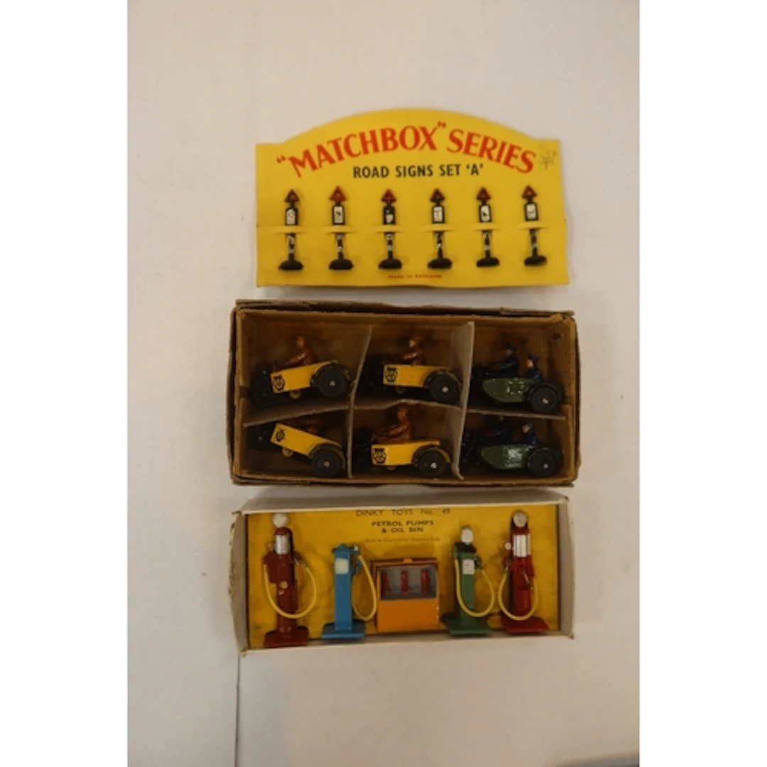 Road signs and petrol pumps 49 boxed , AA motorcycle patro...