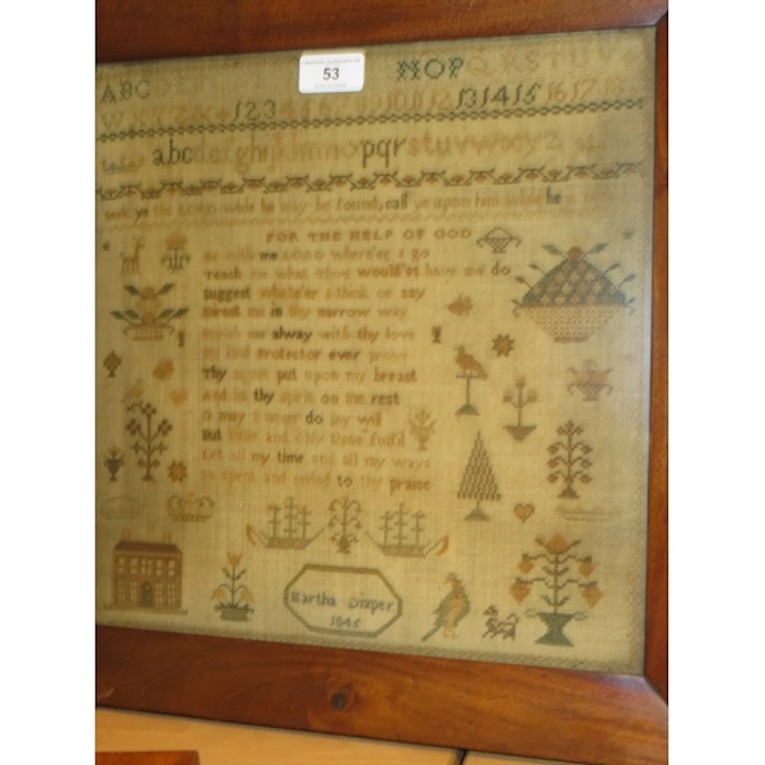 Victorian needlework sampler, of alphabet, motto and pictori...