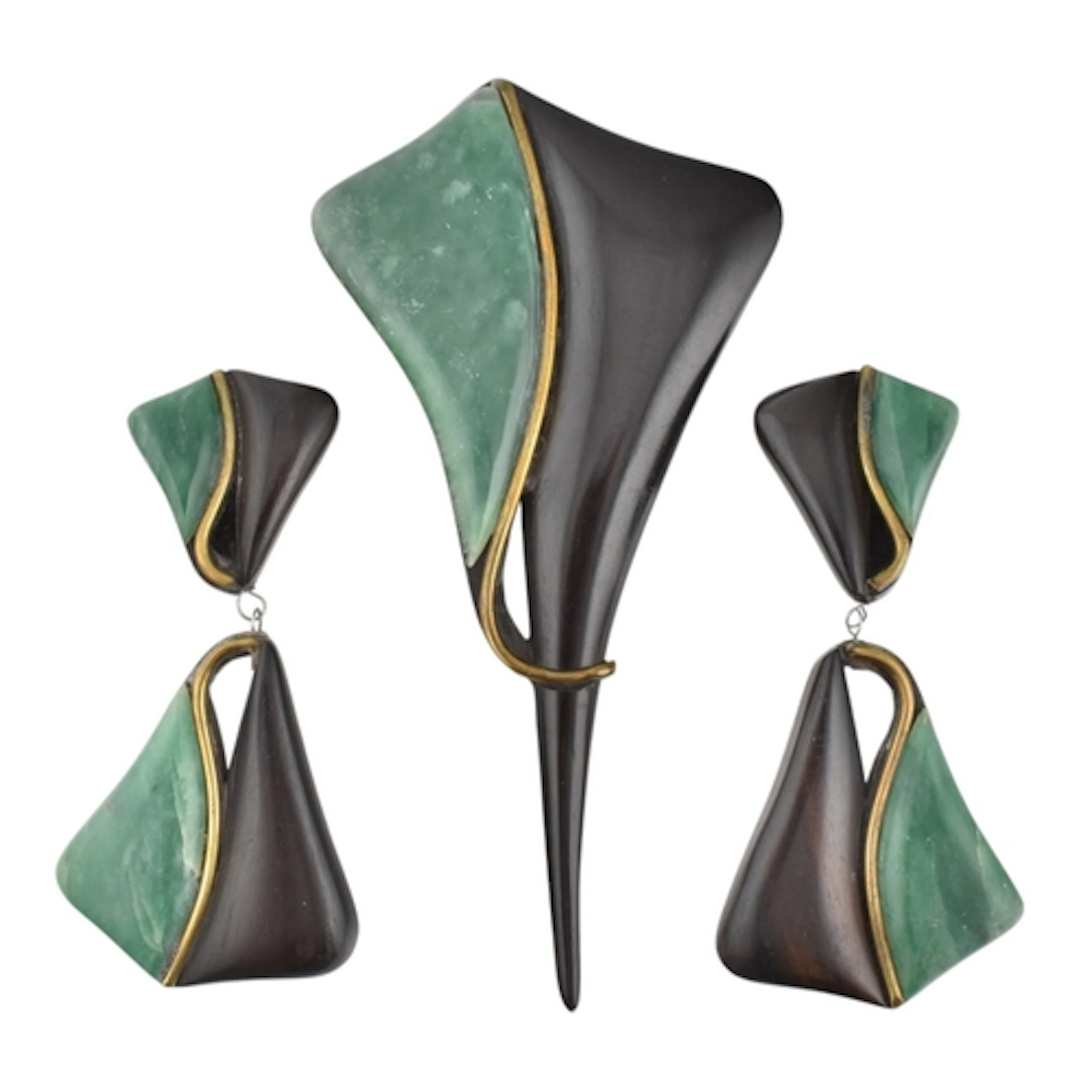 A 1980s wood and resin brooch pin and clip-on earring abstra...