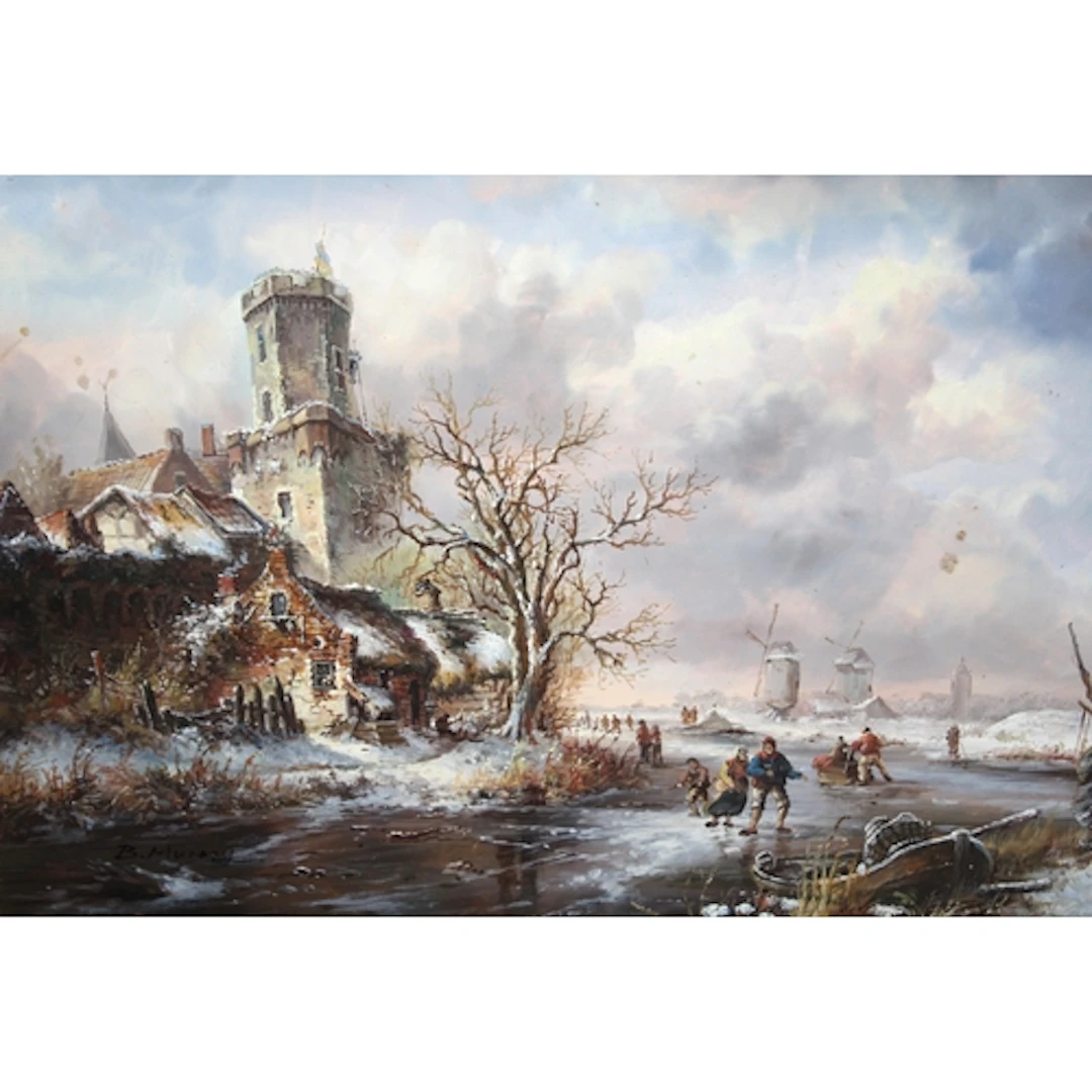 20th Century Dutch School, oil on board, winter scene with f...
