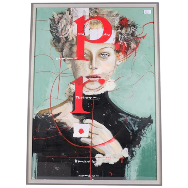Clive Fredriksson, mixed media study, "PR Girl", 93cm x 67cm...