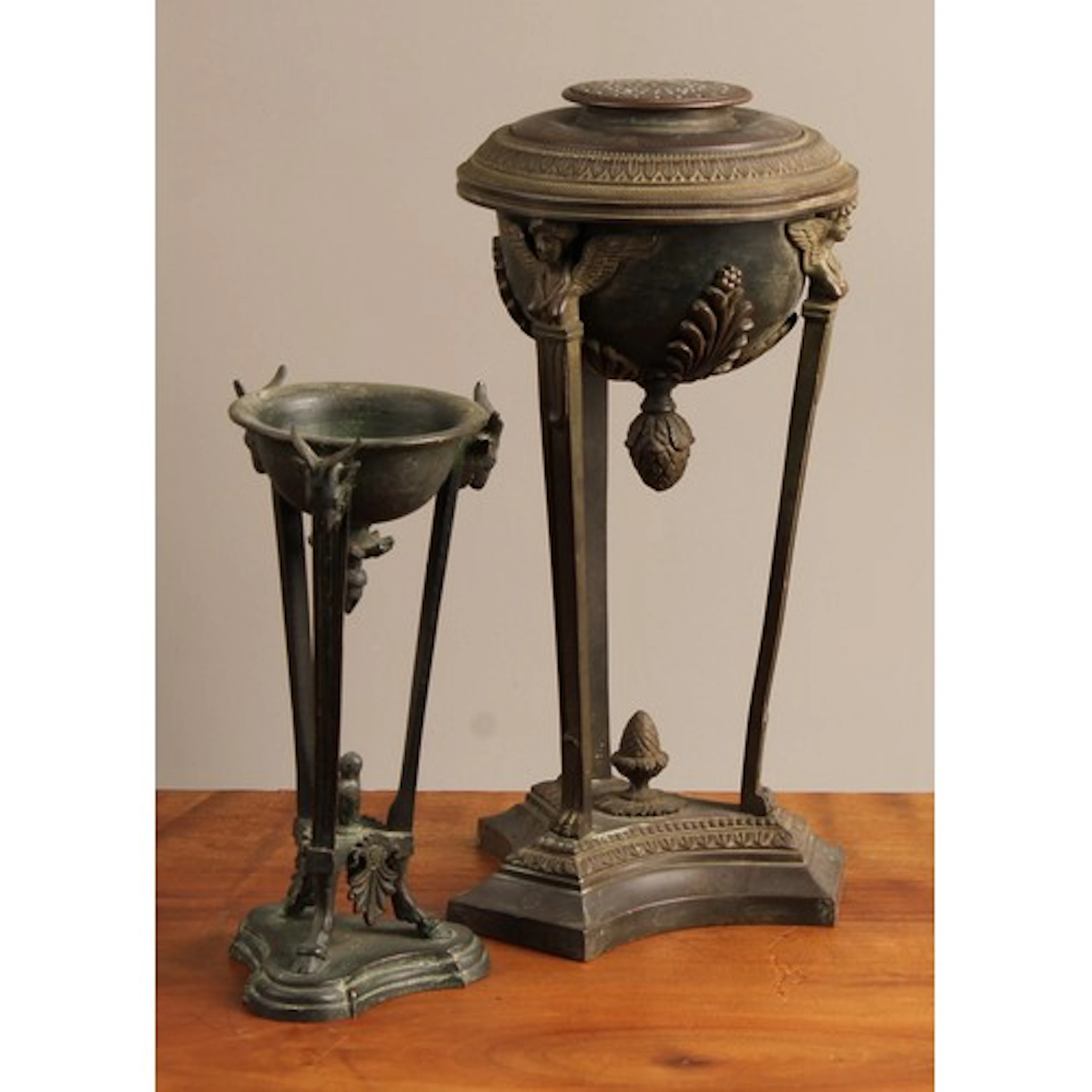A Regency brown patinated bronze tripod pastille burner, in ...