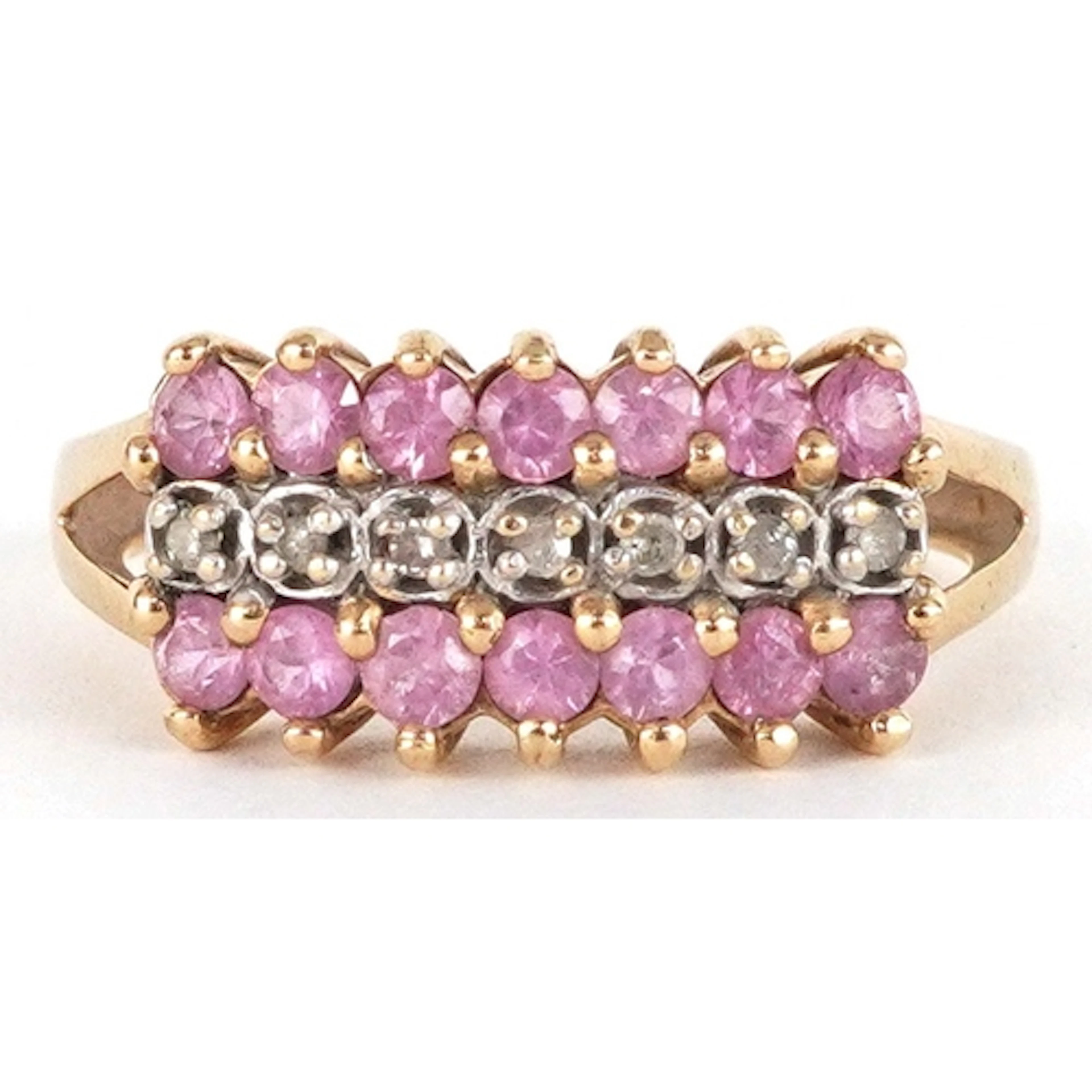 9ct gold diamond and pink stone three row ring, size P, 2.6g...