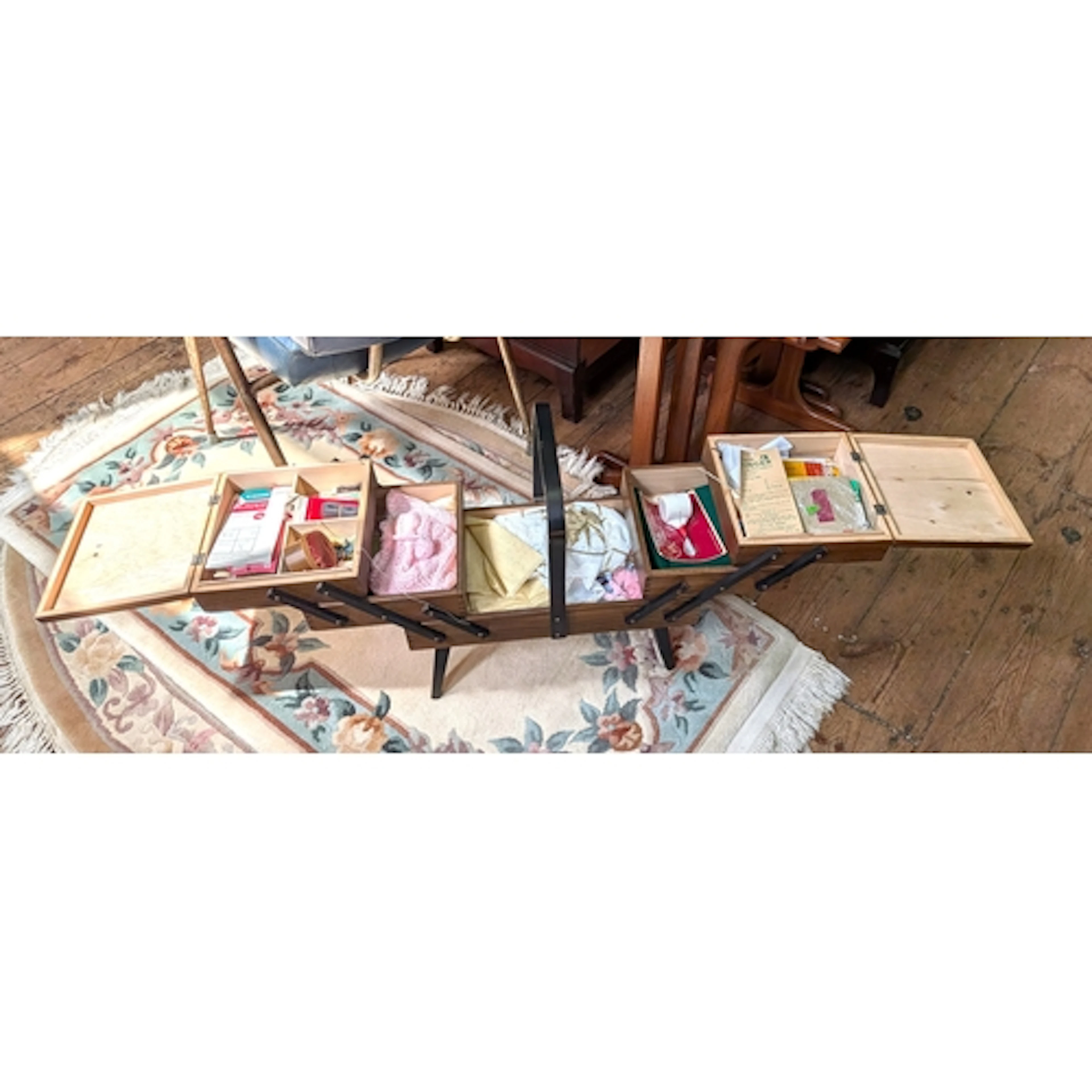 A louvre type workbox full of assorted cottons etc