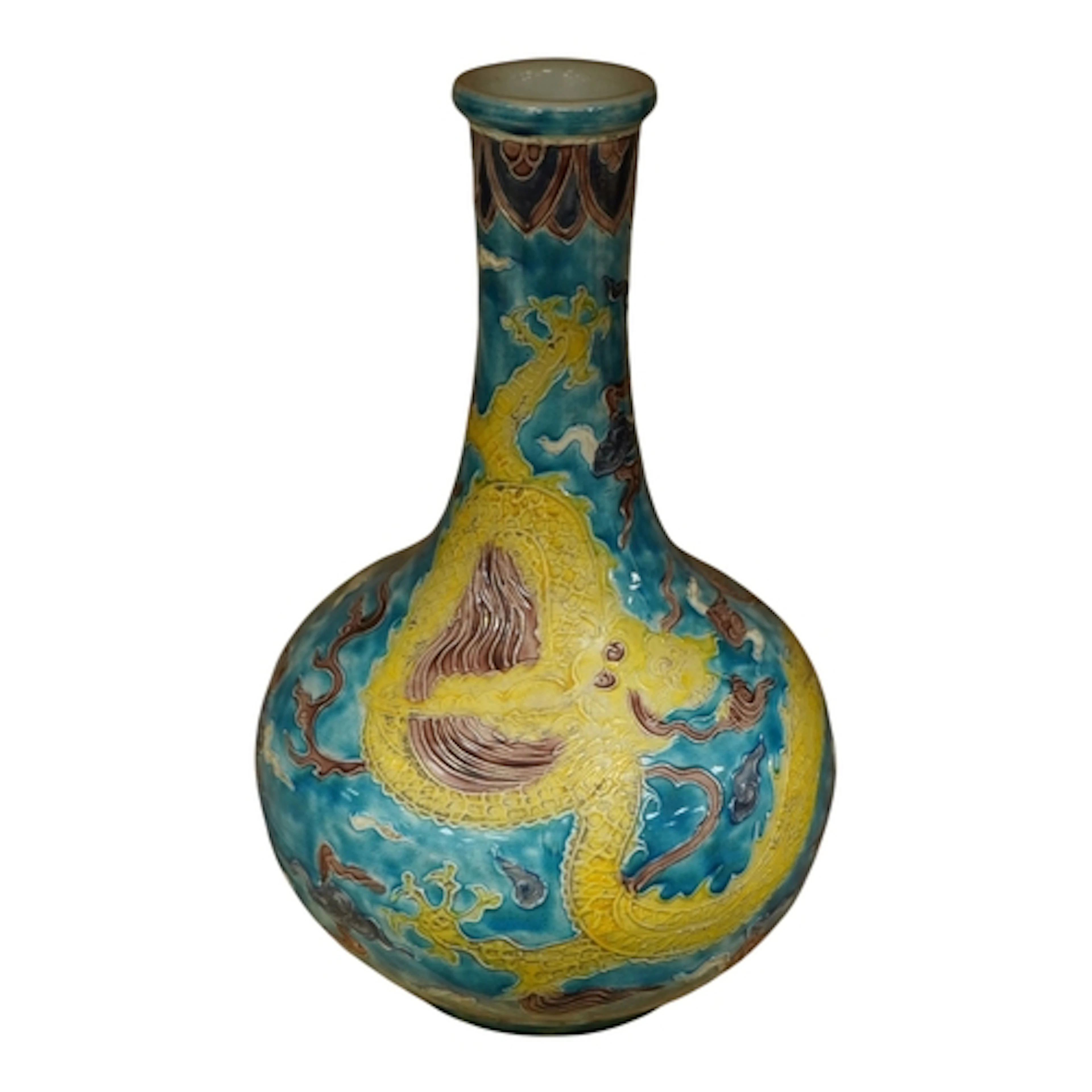 A Chinese fahua decorated 'dragon' baluster bottle vase, hei...