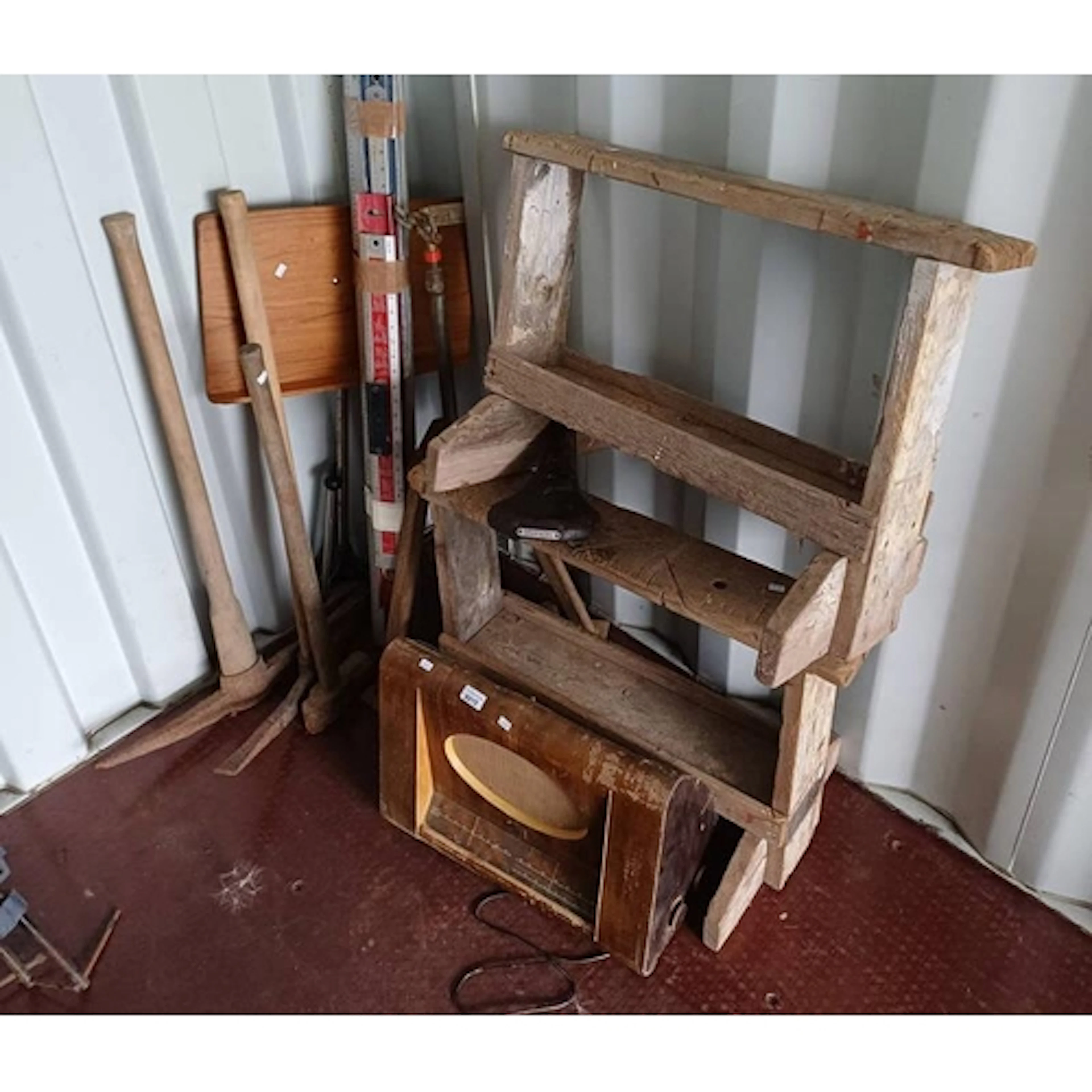 2 PICK AXES, HAMMER, MUSIC STAND, RADIO RECEIVER, ETC