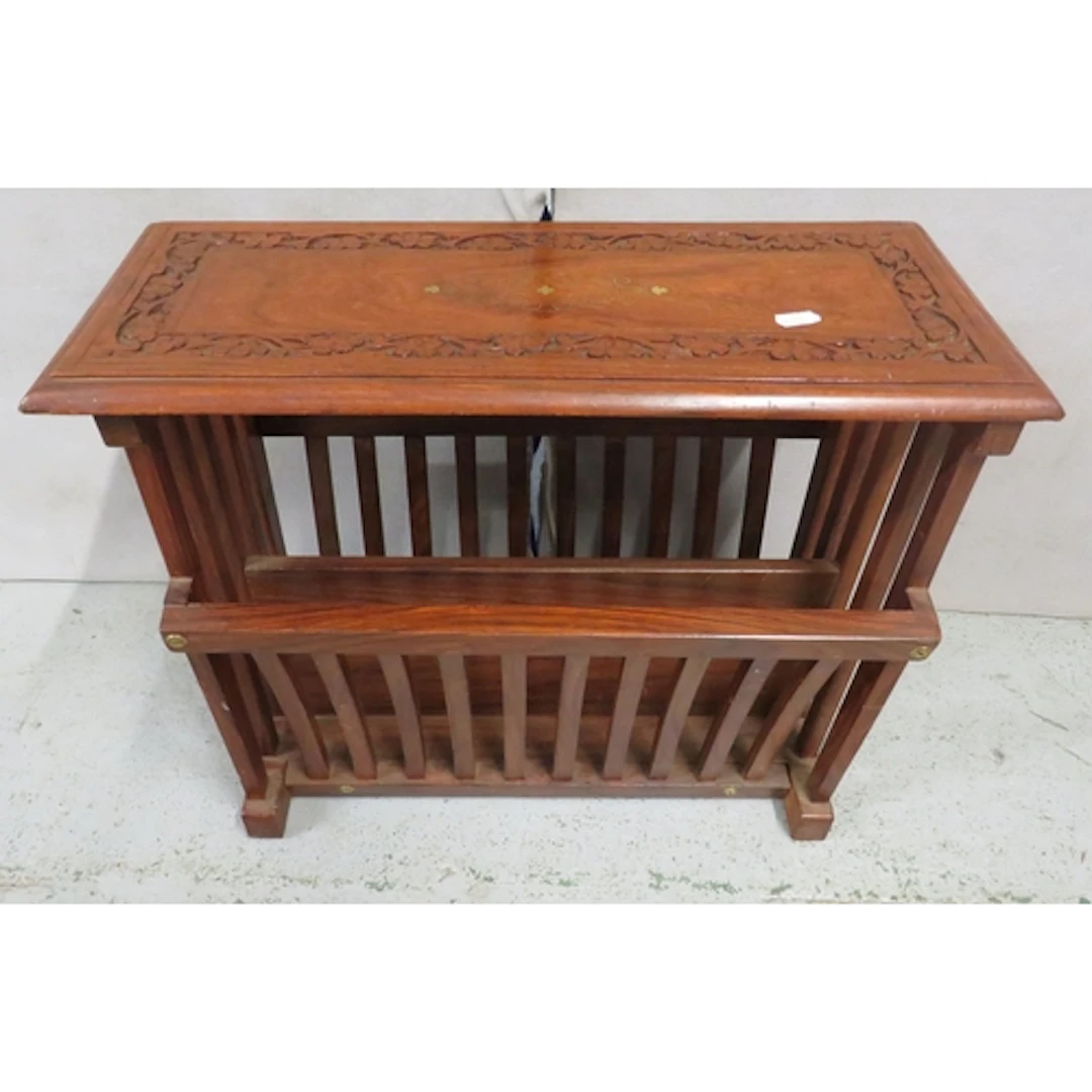 Mahogany Magazine Rack, brass fittings, ornate floral carvin...