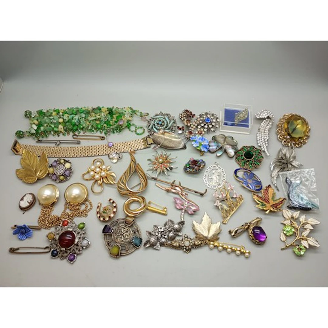 A collection of costume jewellery including brooches
