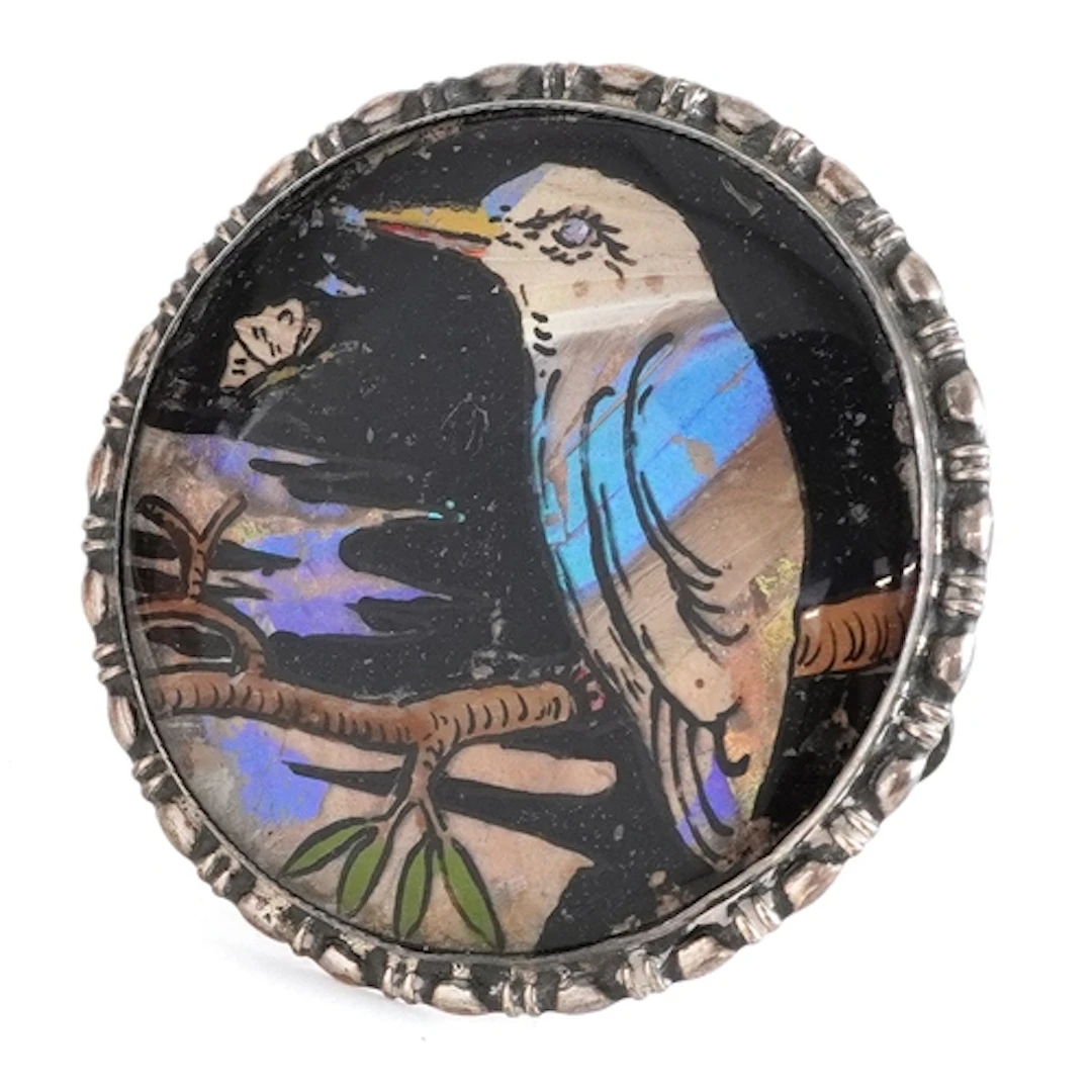 Early 20th century silver and butterfly wing panel with ease...