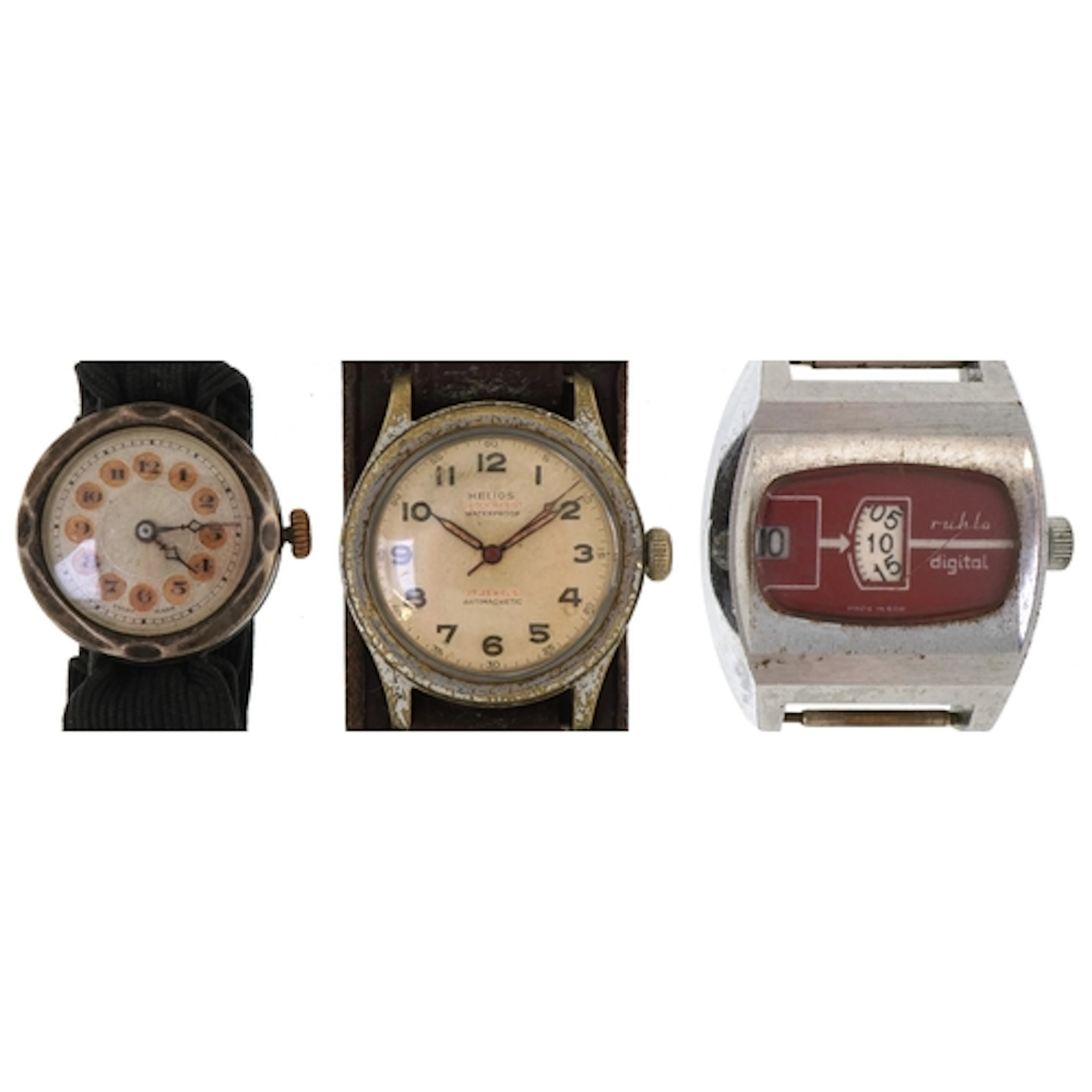 Vintage wristwatches comprising Ruhla digital, a Helios tren...