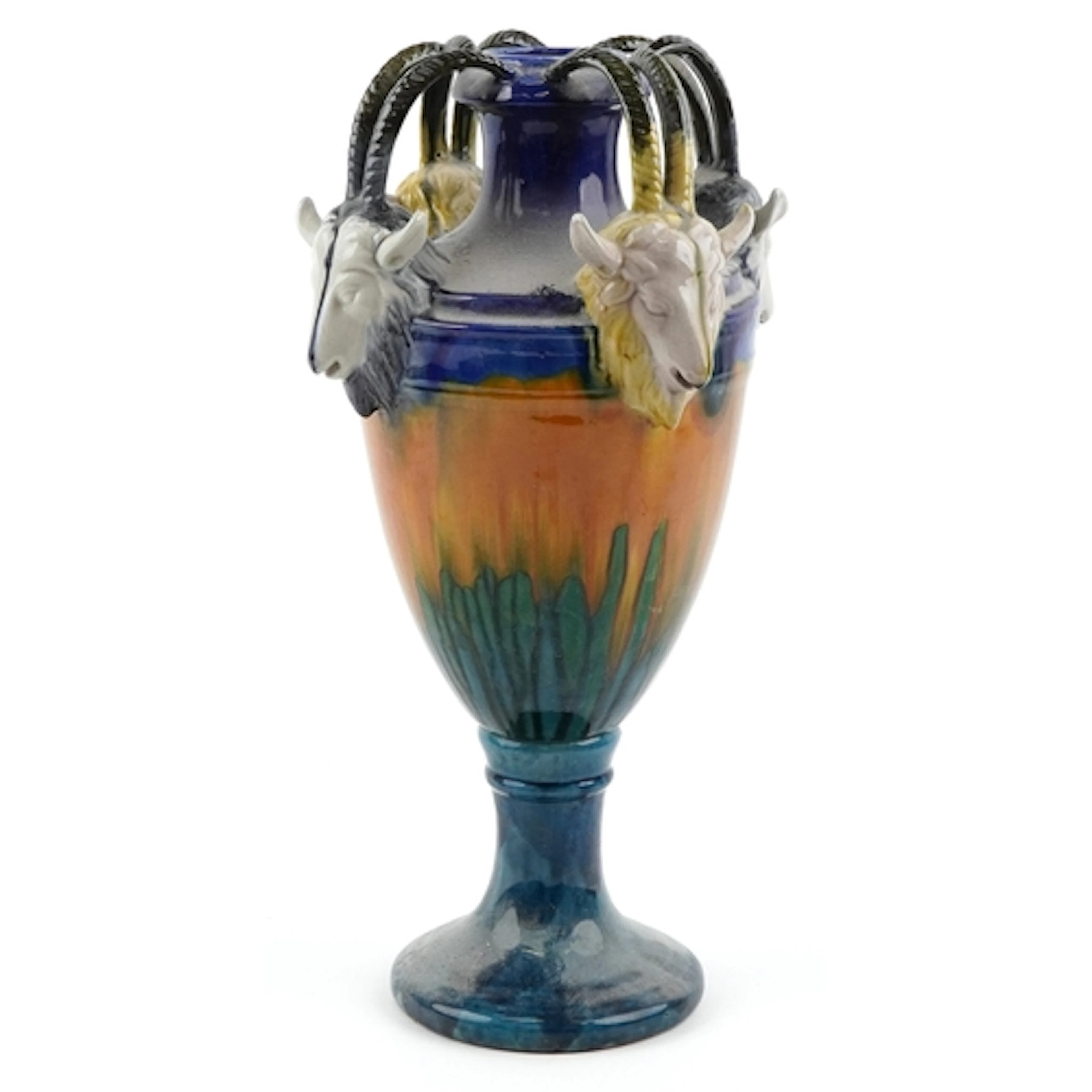 Large Majolica style porcelain vase having ram's head decora...
