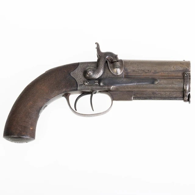 Double barrelled percussion belt pistol by W.A. Beckwith. Do...