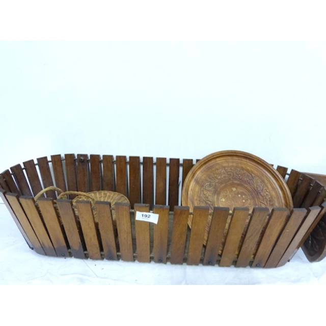 Oak planter, folding carved book trough and a carved dish. (...