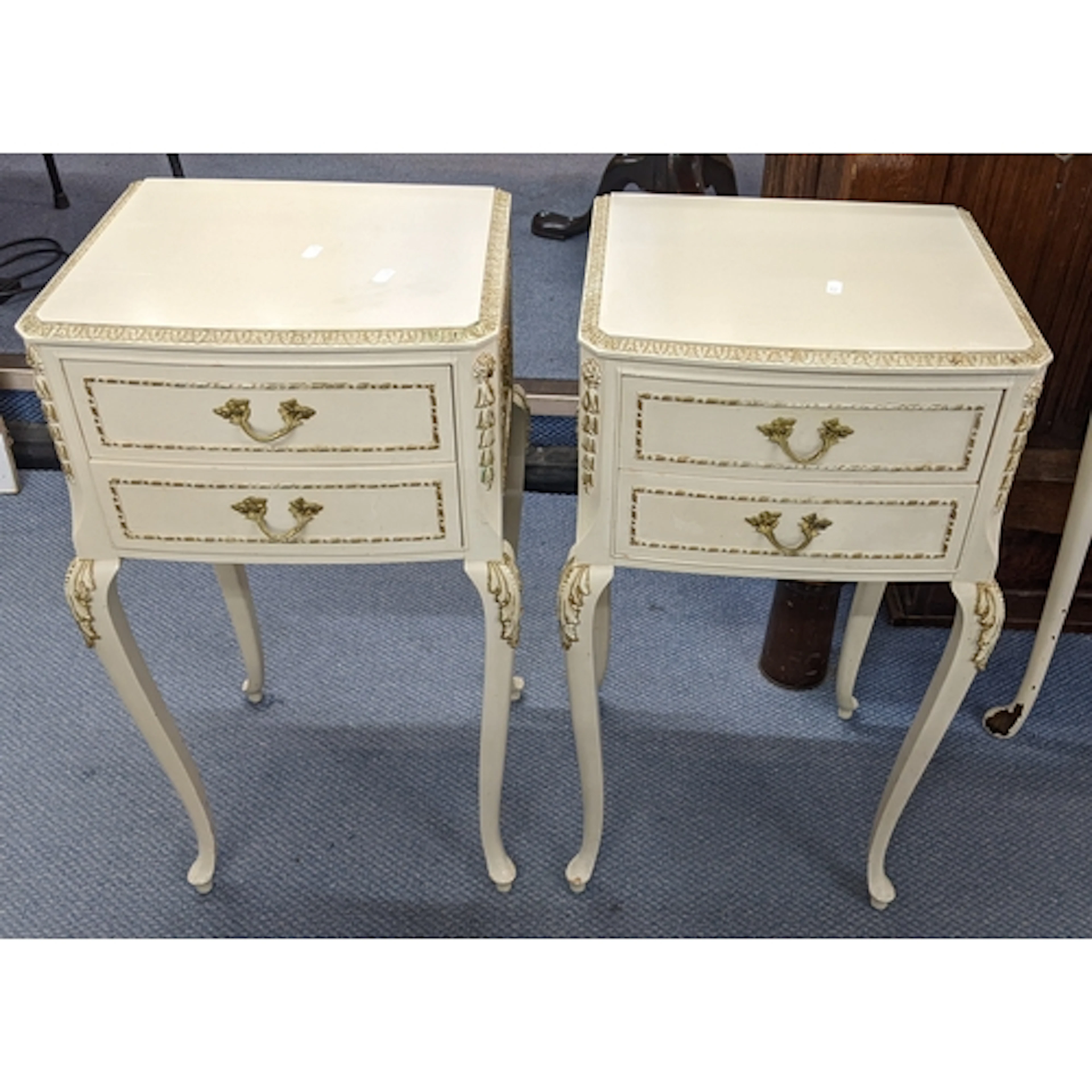 A pair of French style cream painted, two drawer bedside tab...