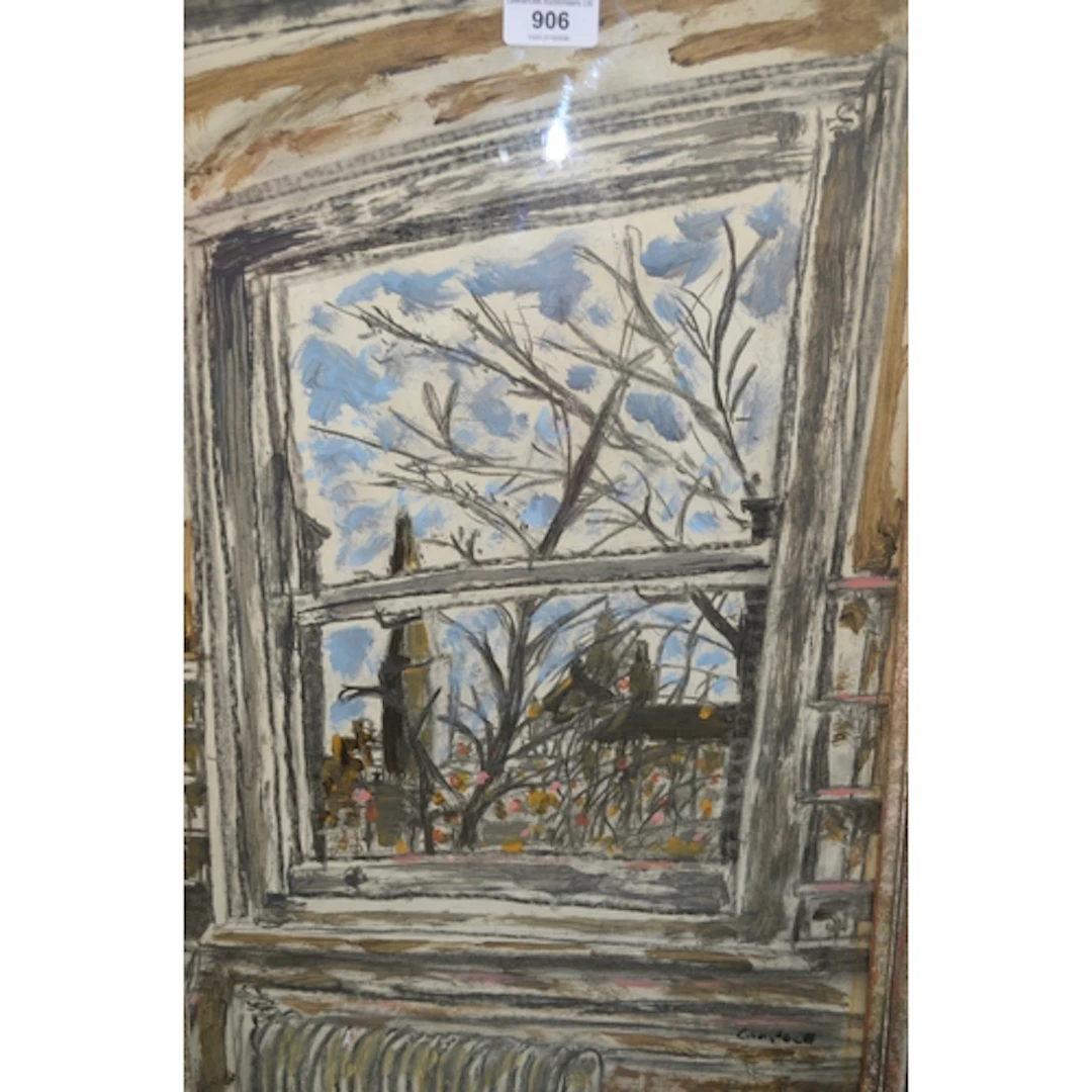 Mixed media painting, view of a town through a window, signe...