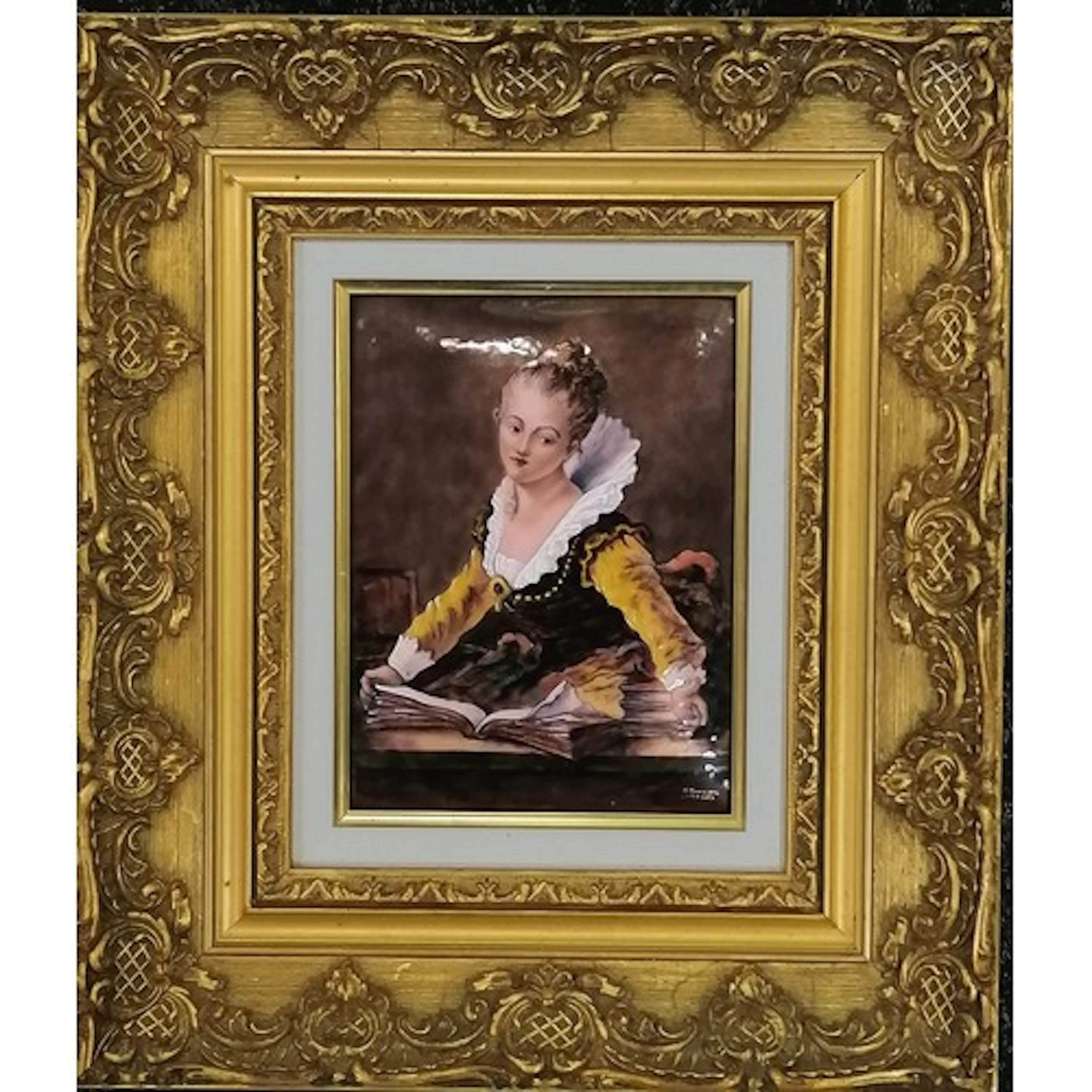 Limoges signed (A Burcon?) enamel picture panel of a young l...