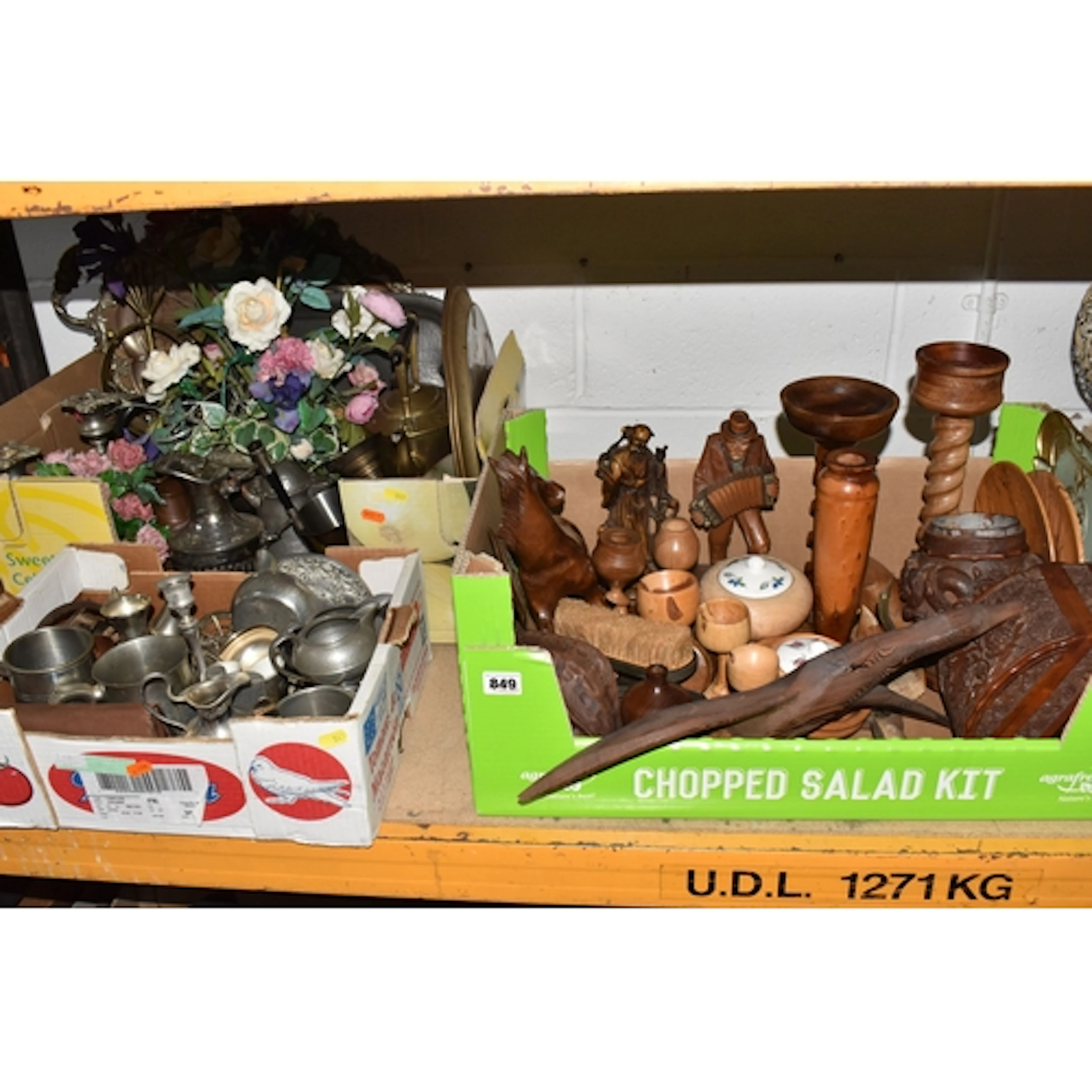 THREE BOXES OF TREEN AND DECORATIVE METAL ITEMS to include o...