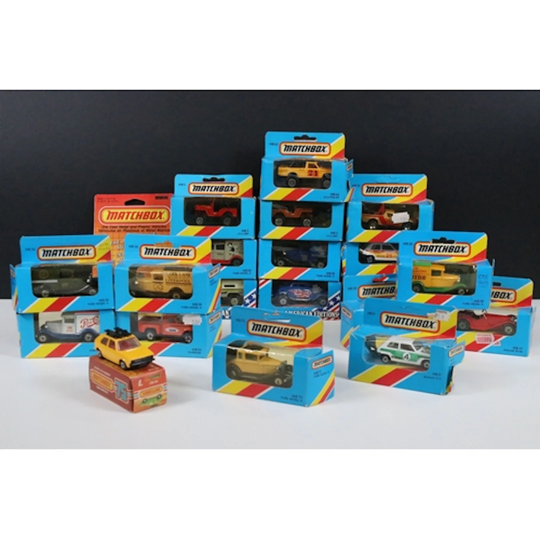 19 Boxed Matchbox diecast models featuring blue 'yellow/red ...