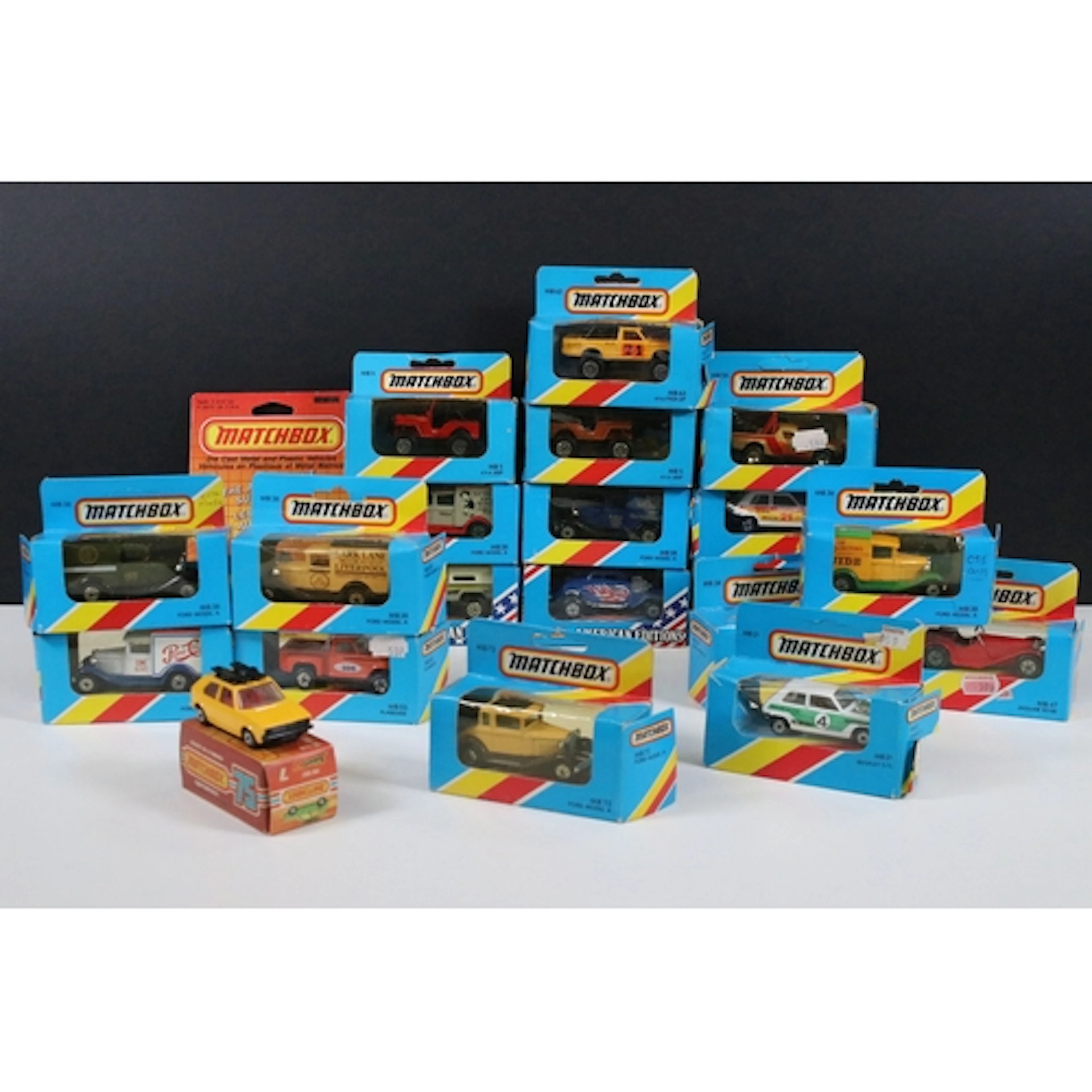 19 Boxed Matchbox diecast models featuring blue 'yellow/red ...