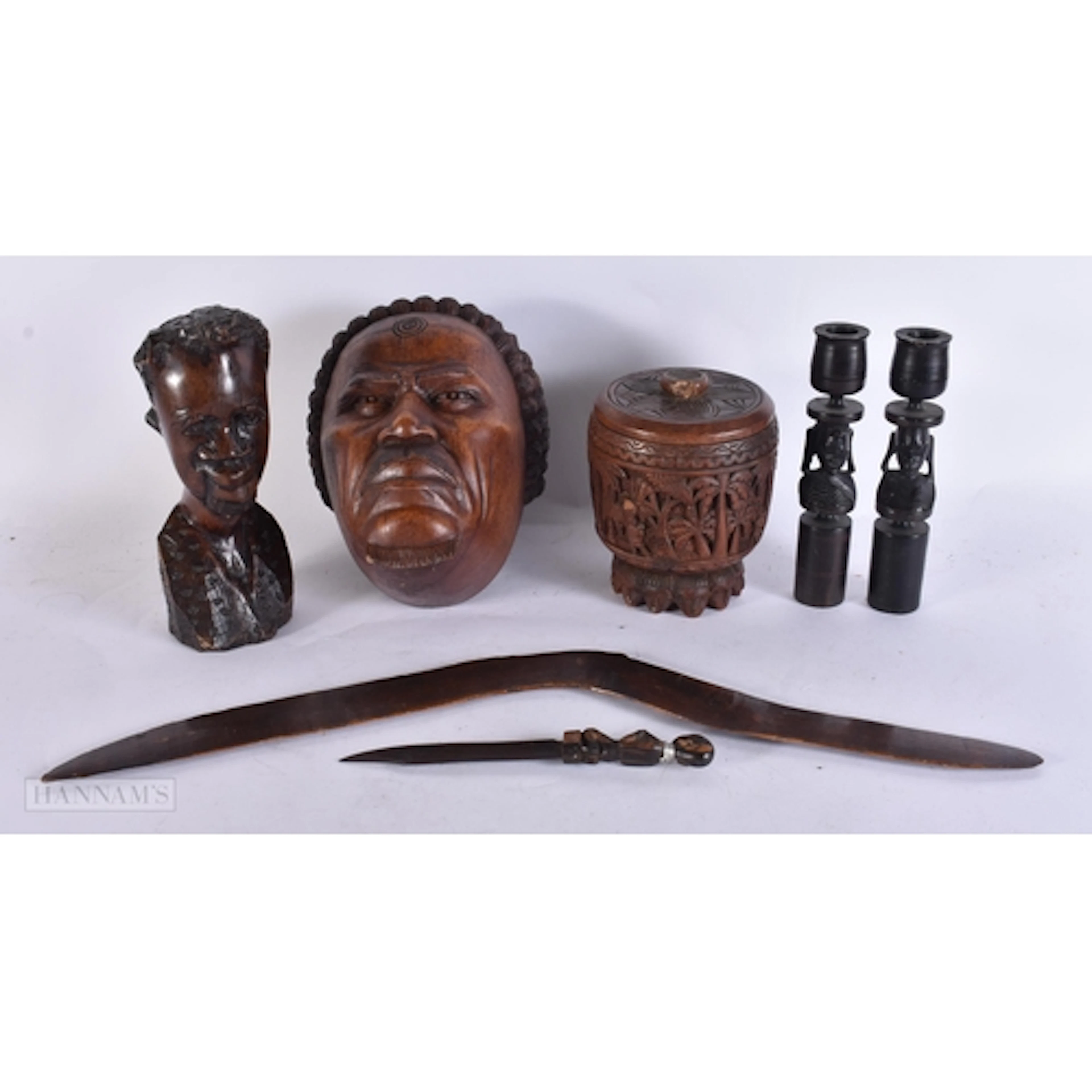 Wooden African Art Inc Ebony Candlesticks Tribal Head Carved...