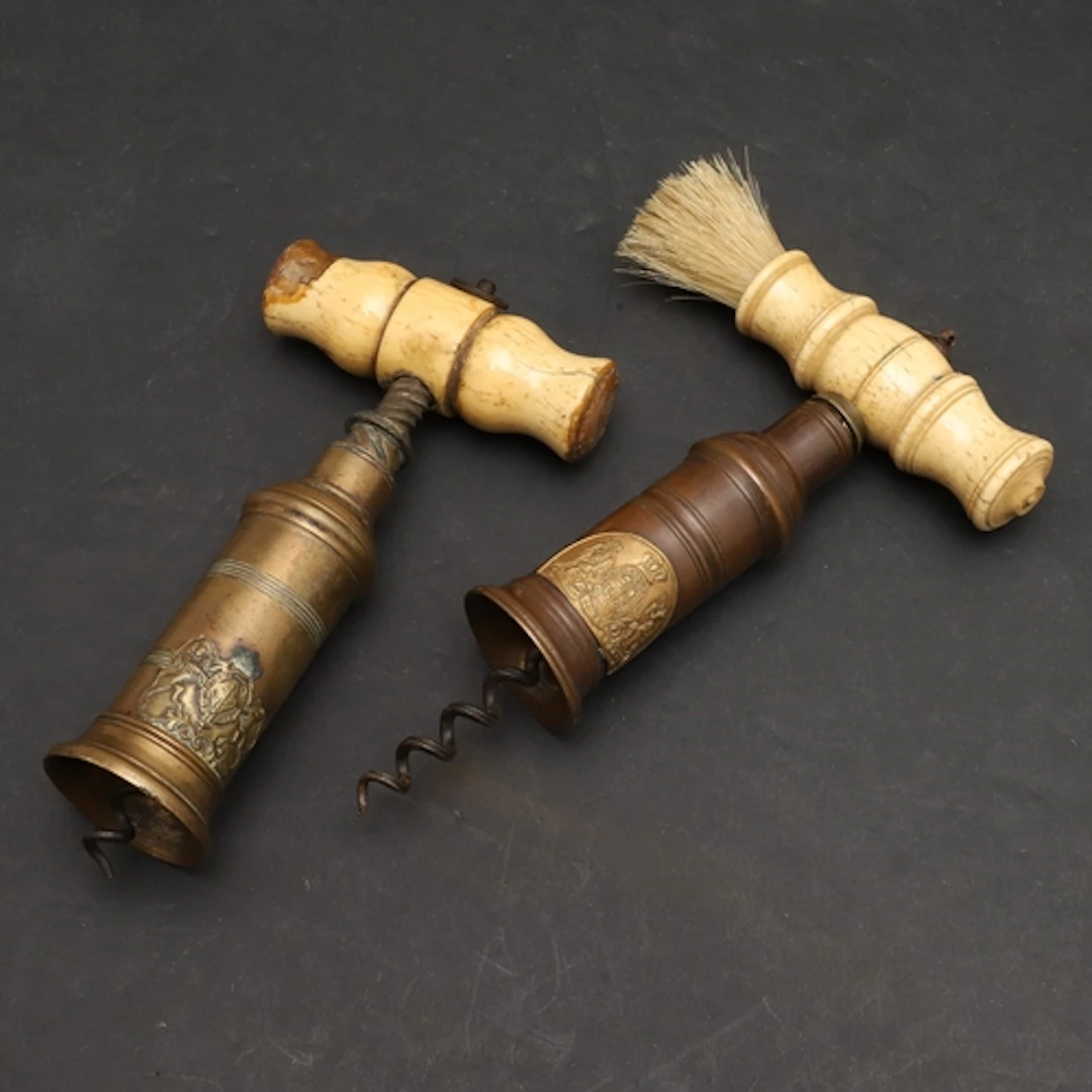 A GEORGE III THOMASON TYPE HALF BOTTLE CORKSCREW, AND ANOTHE...