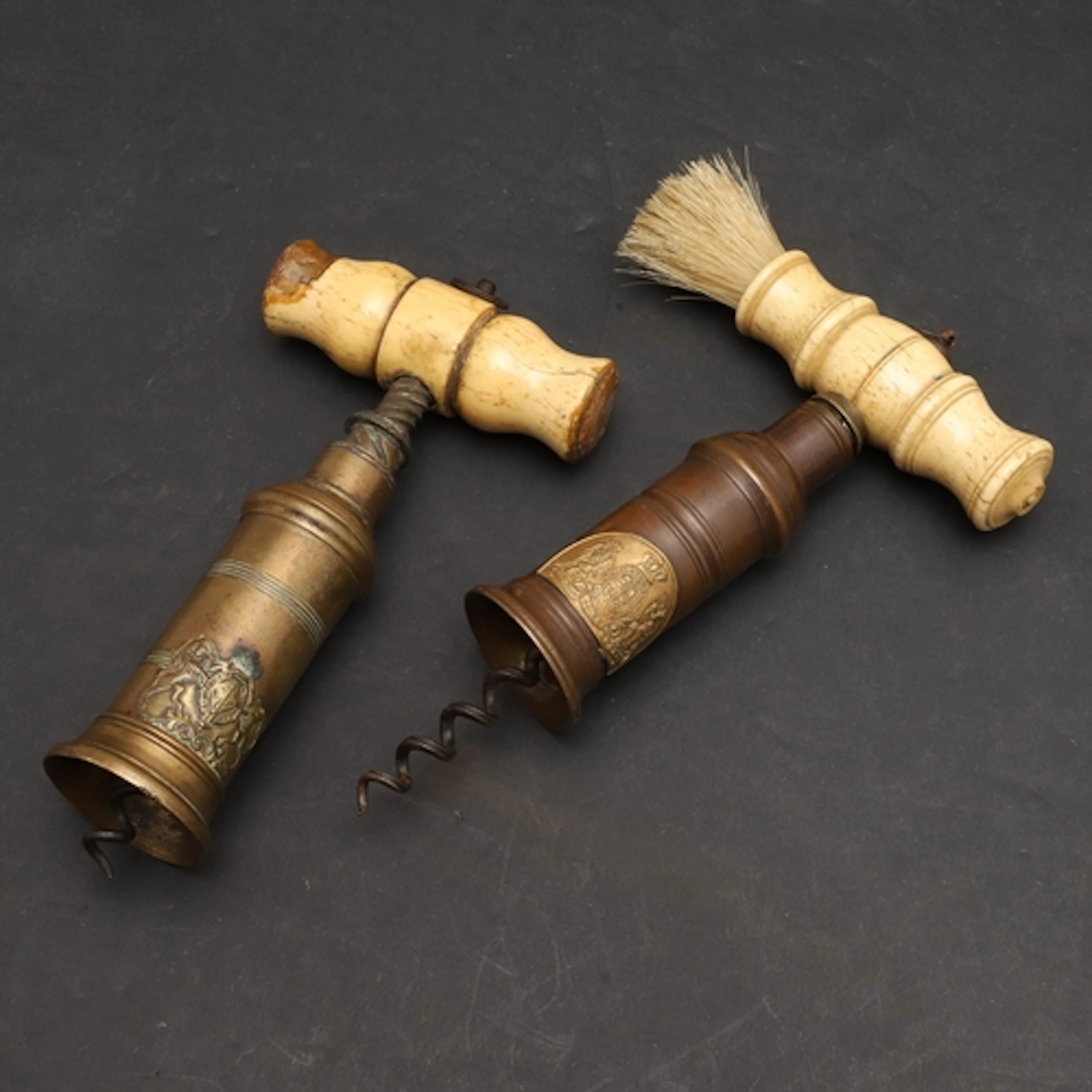 A GEORGE III THOMASON TYPE HALF BOTTLE CORKSCREW, AND ANOTHE...