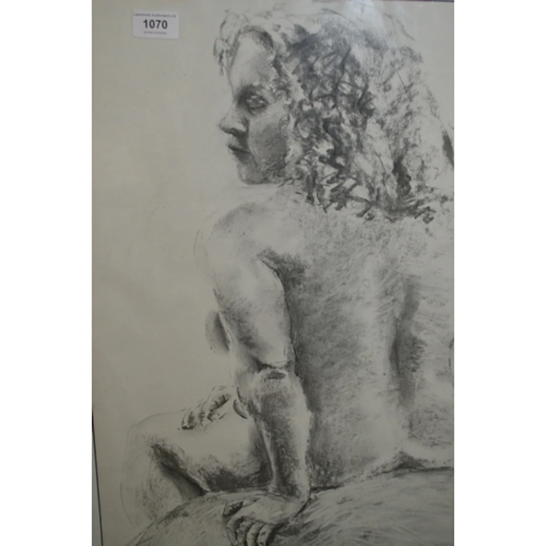 Frances Elliott, charcoal sketch, nude study, signed, 55 x 3...