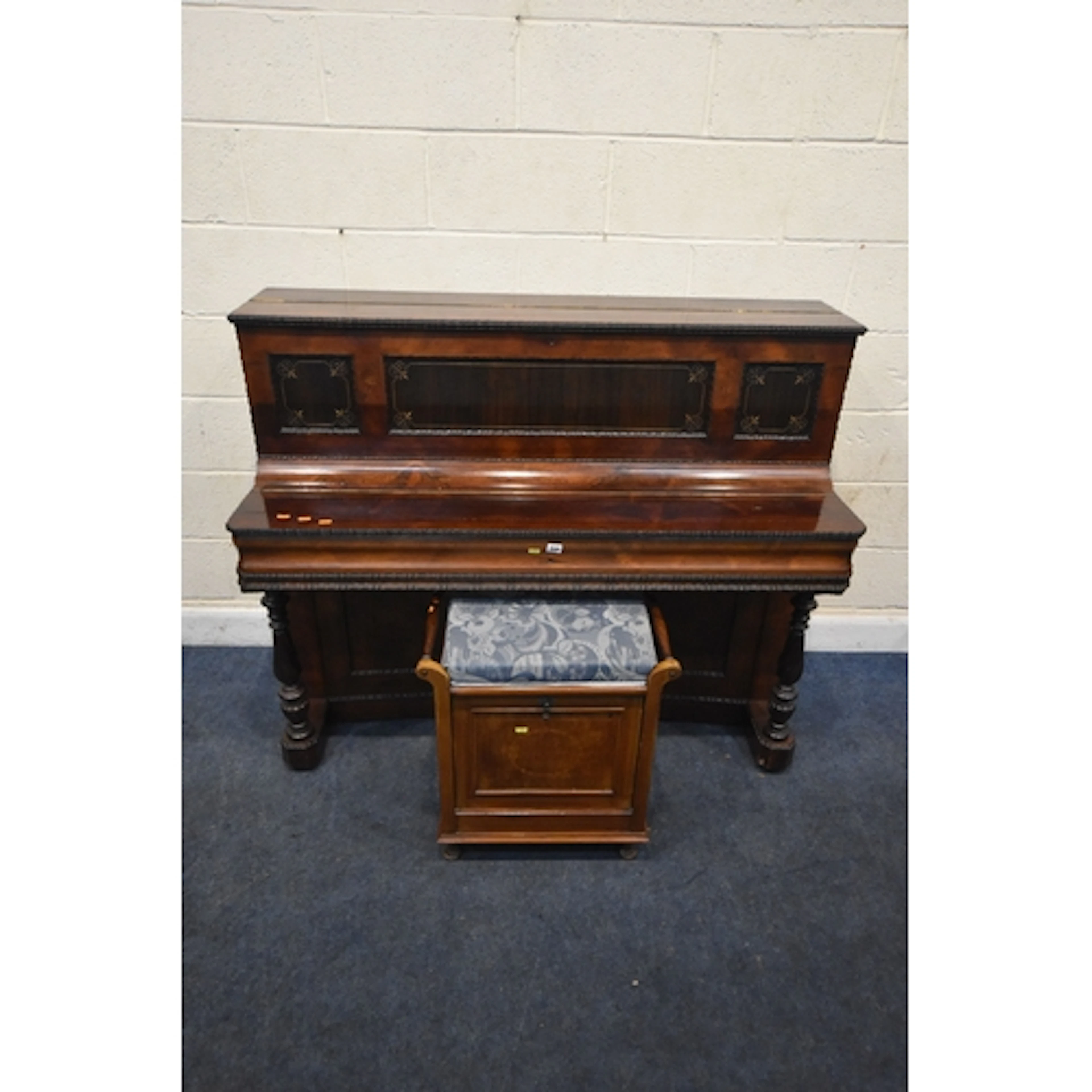 A 19TH CENTURY ROSEWOOD UPRIGHT PIANO, the hinged top reveal...