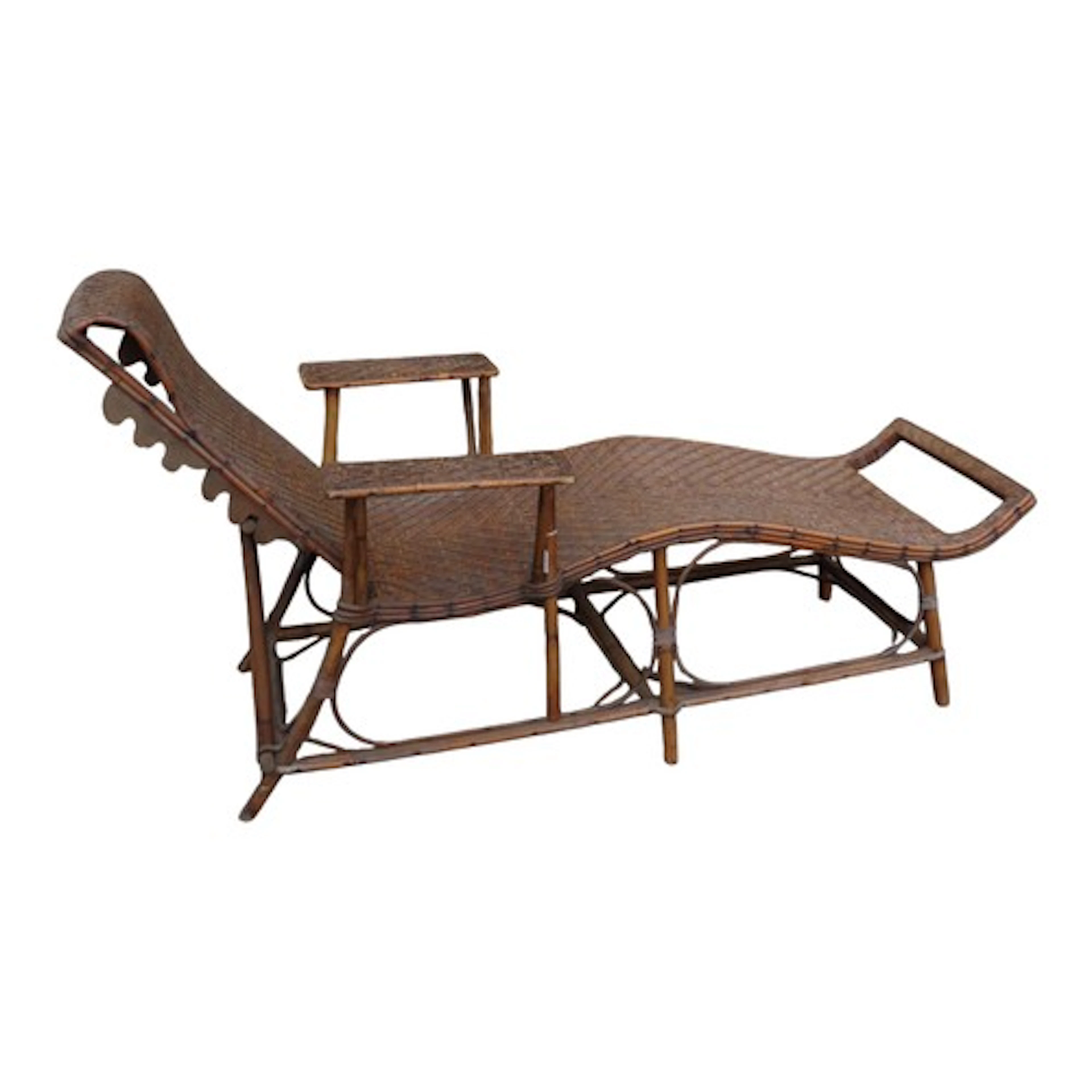A Edwardian wicker and cane adjustable lounge chair (af)