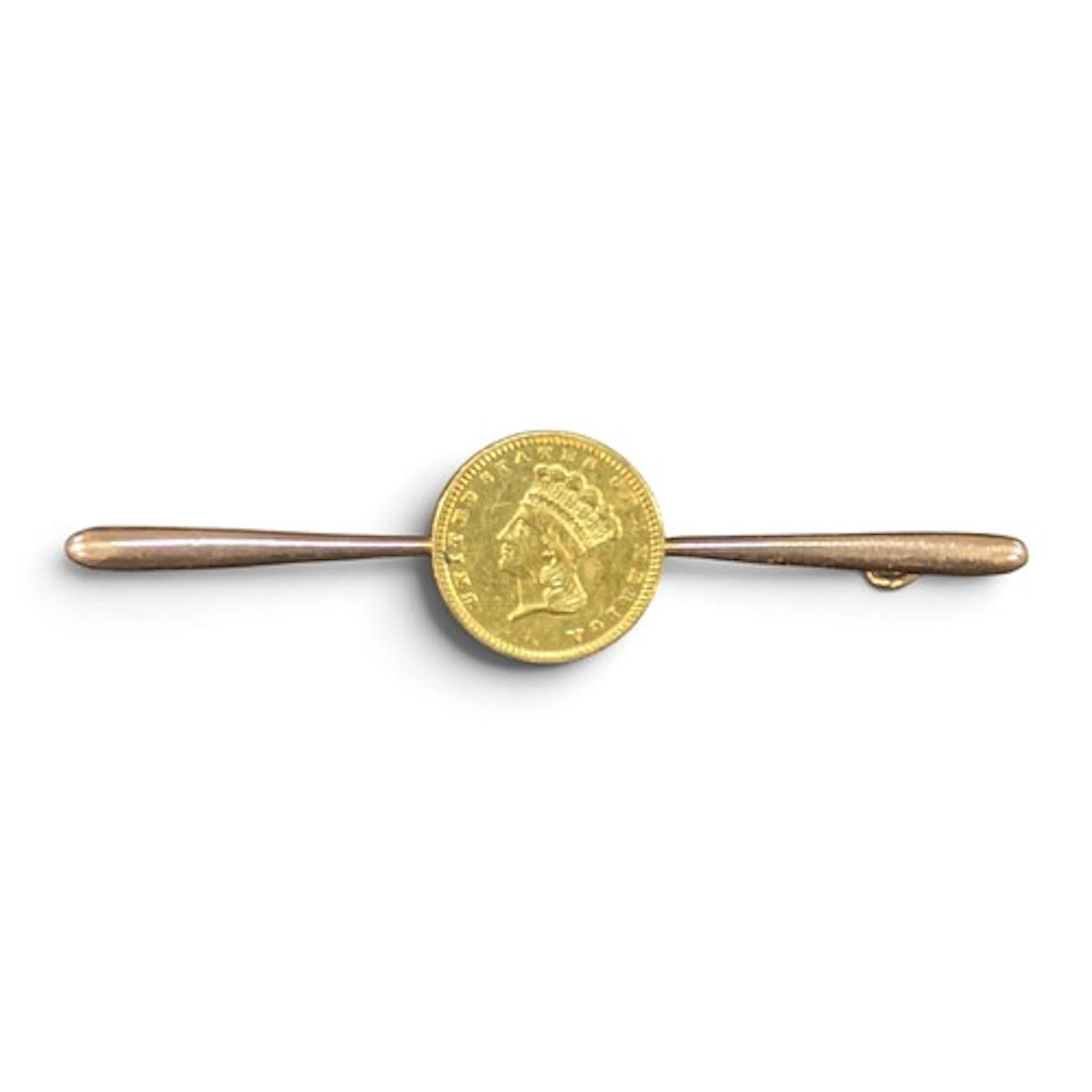 A United States 1857 1 dollar mounted bar brooch, marked 9ct...