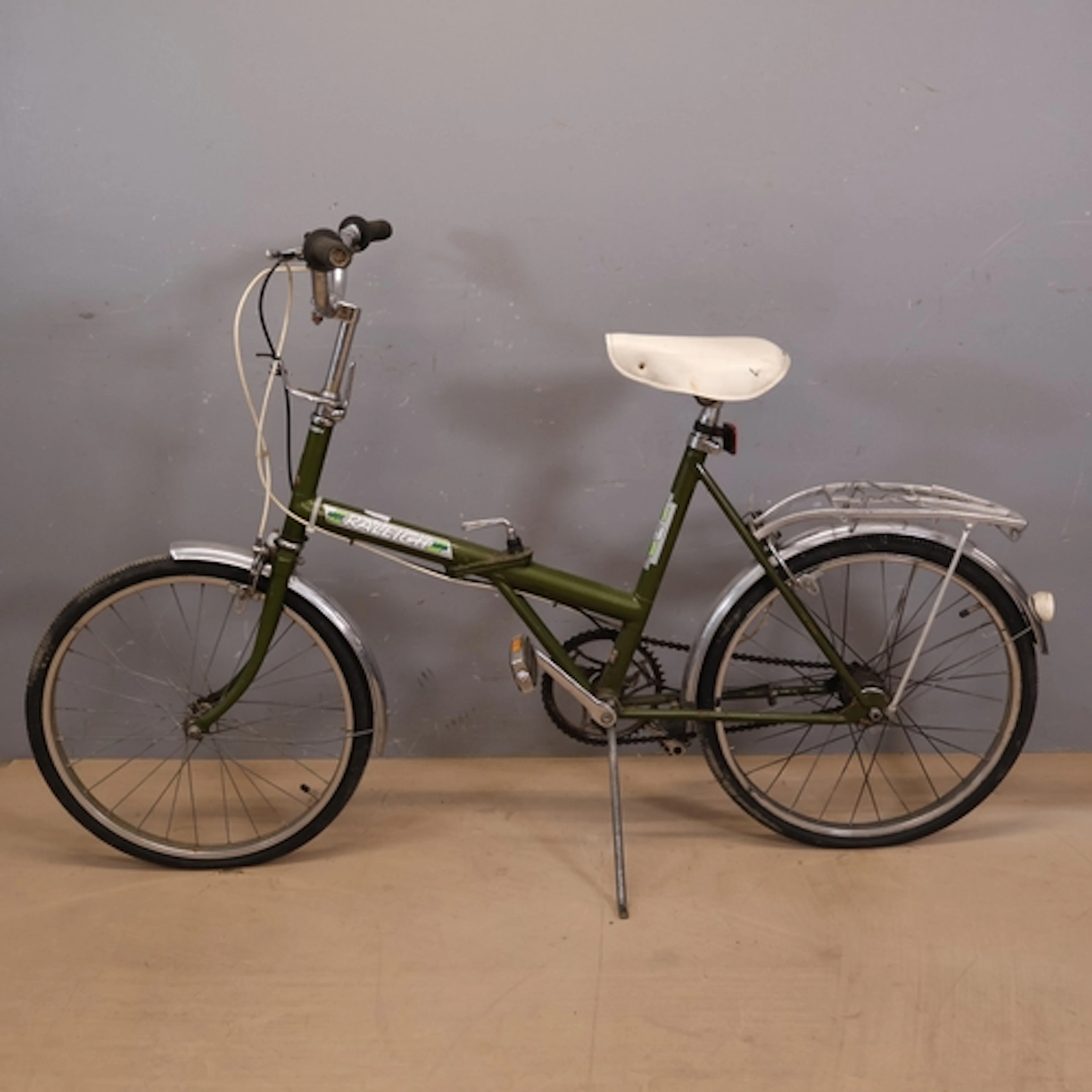 A vintage Raleigh 20 folding bicycle.