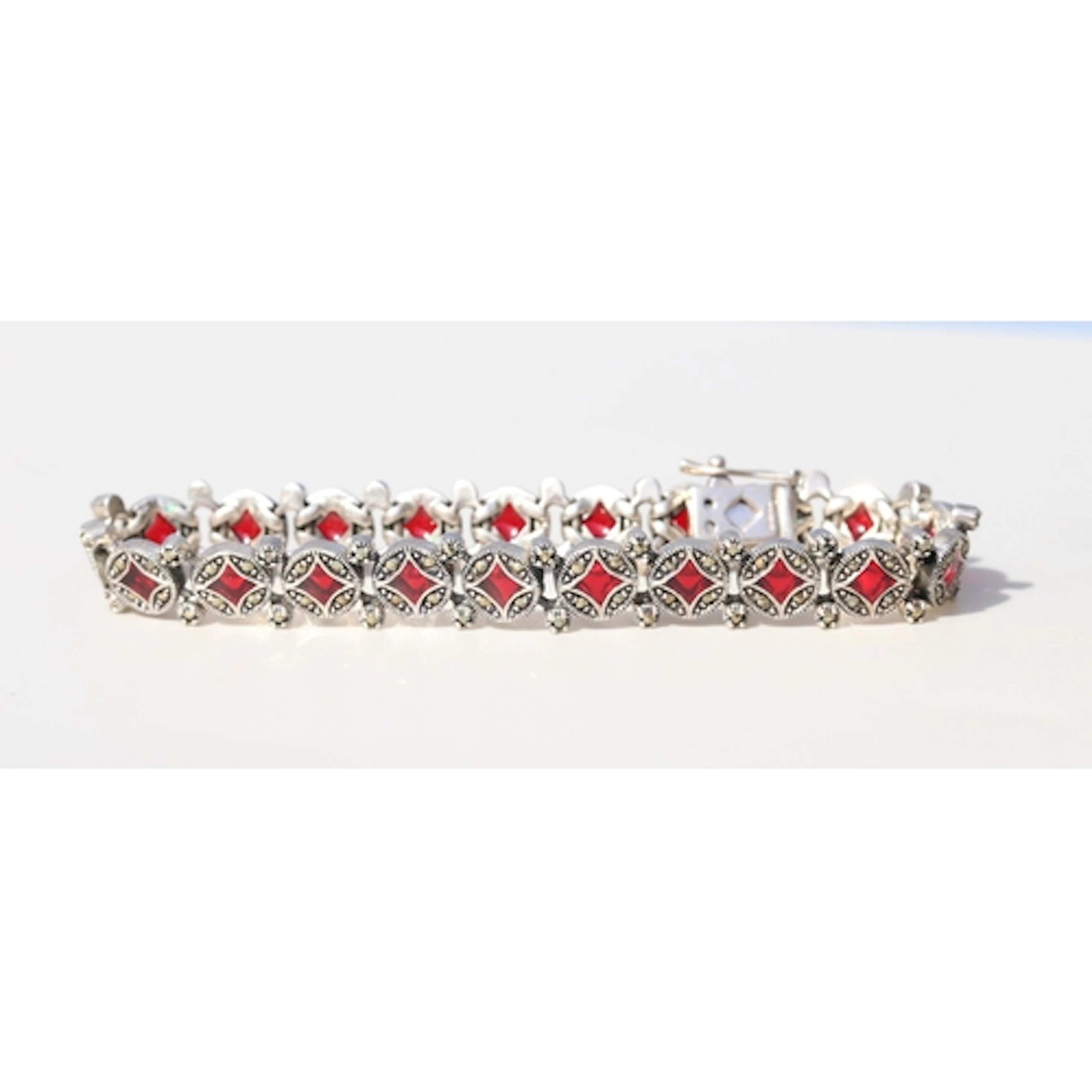 Attractively Detailed, Red Glass and Marcasite Cluster Set F...