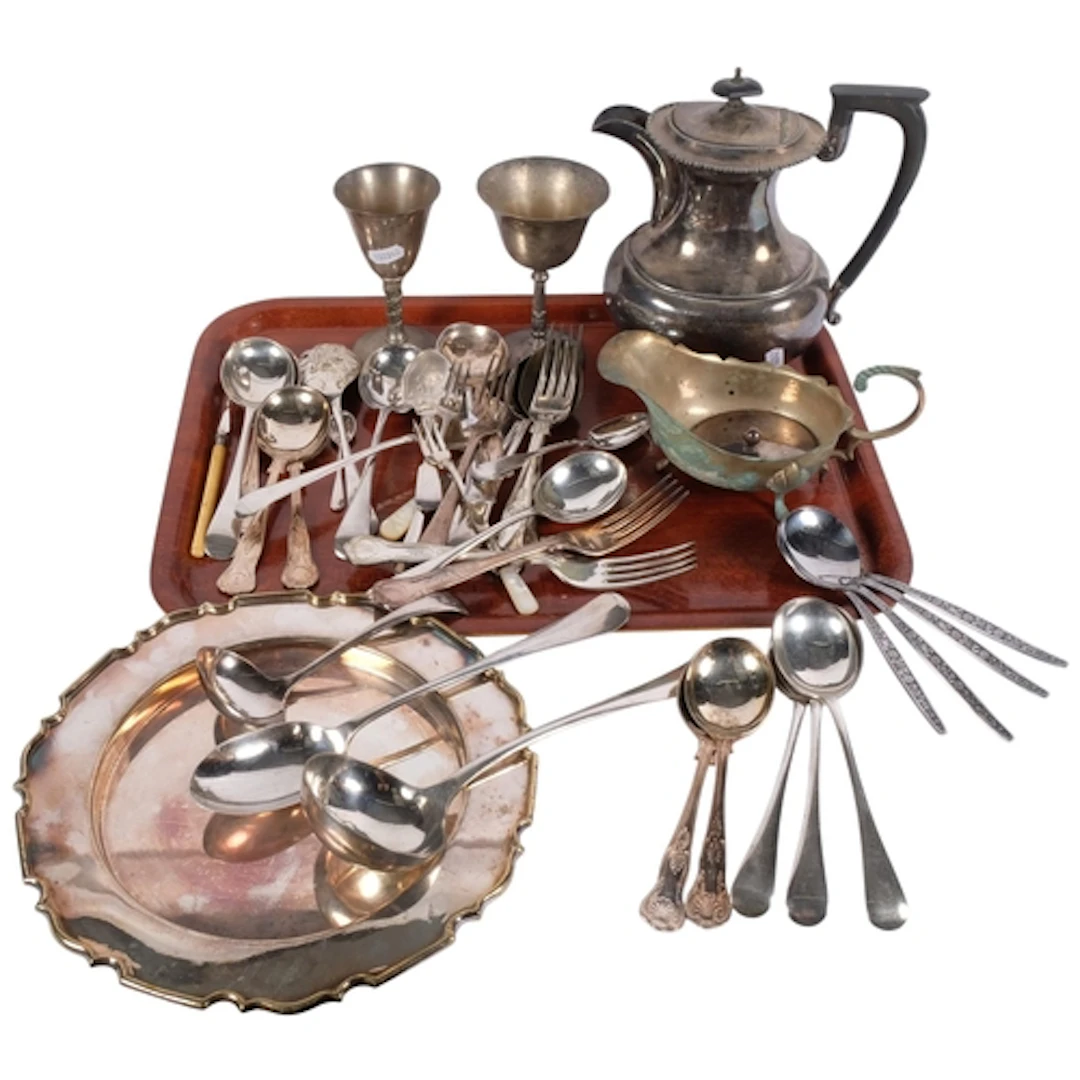 A collection of various silver plated ware, including teapot...