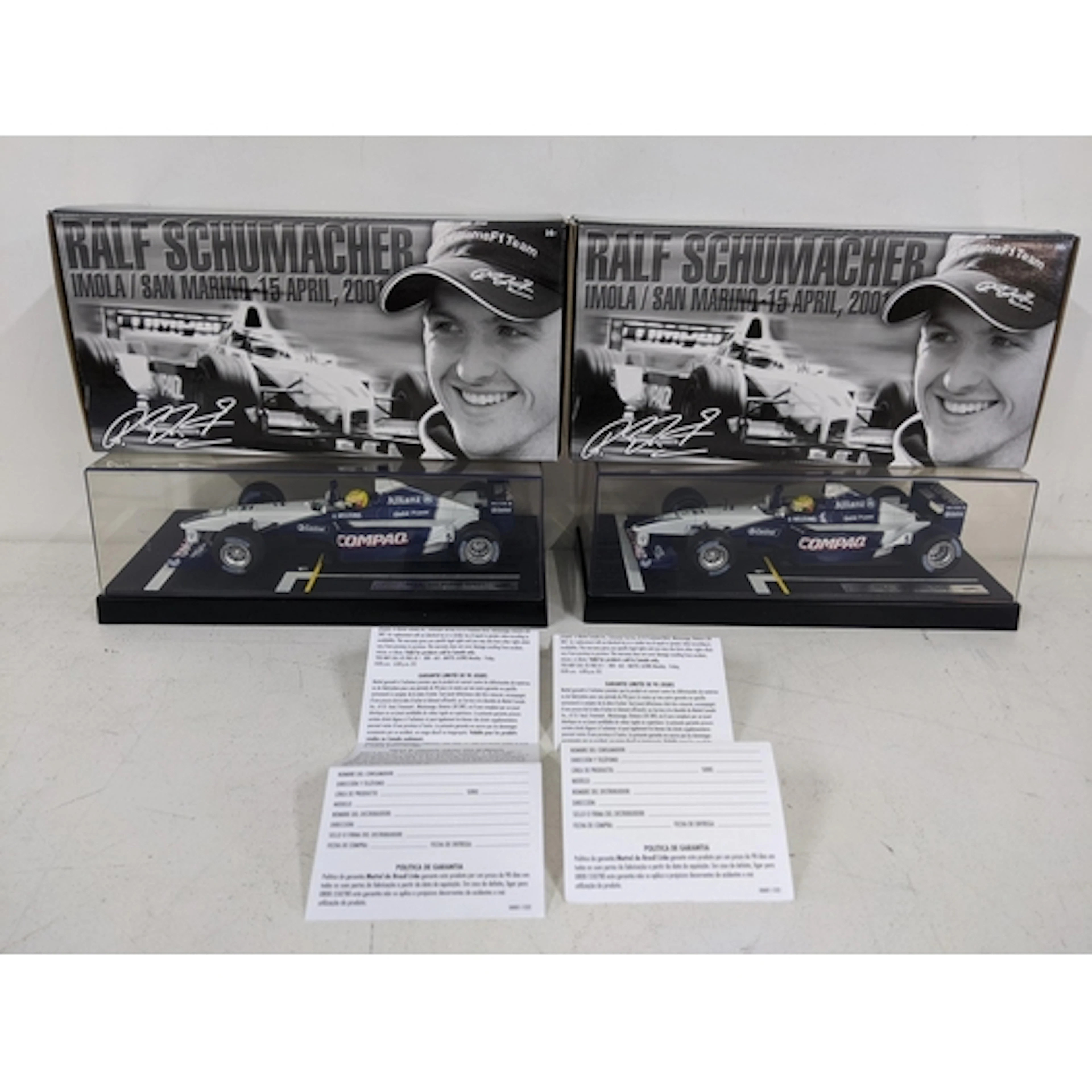 Two Hot Wheels racing models of the 2001 Williams F1 car dri...