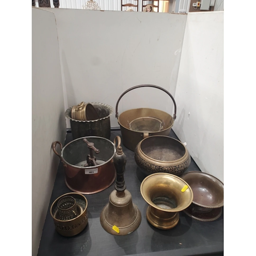 A brass Jam Pan, a copper Draining Pan, copper Jardiniere, b...