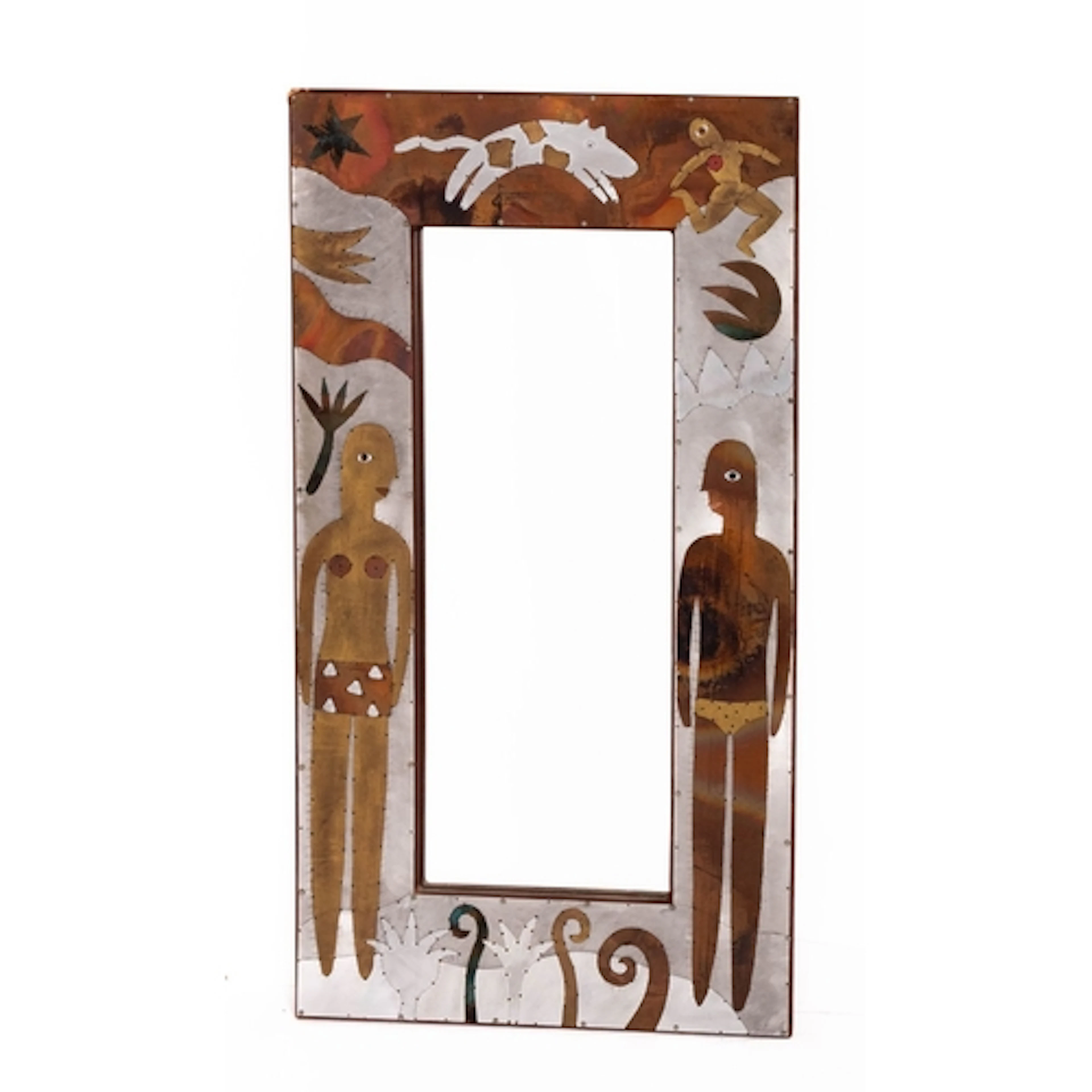 An African cut metal marquetry framed rectangular wall mirro...