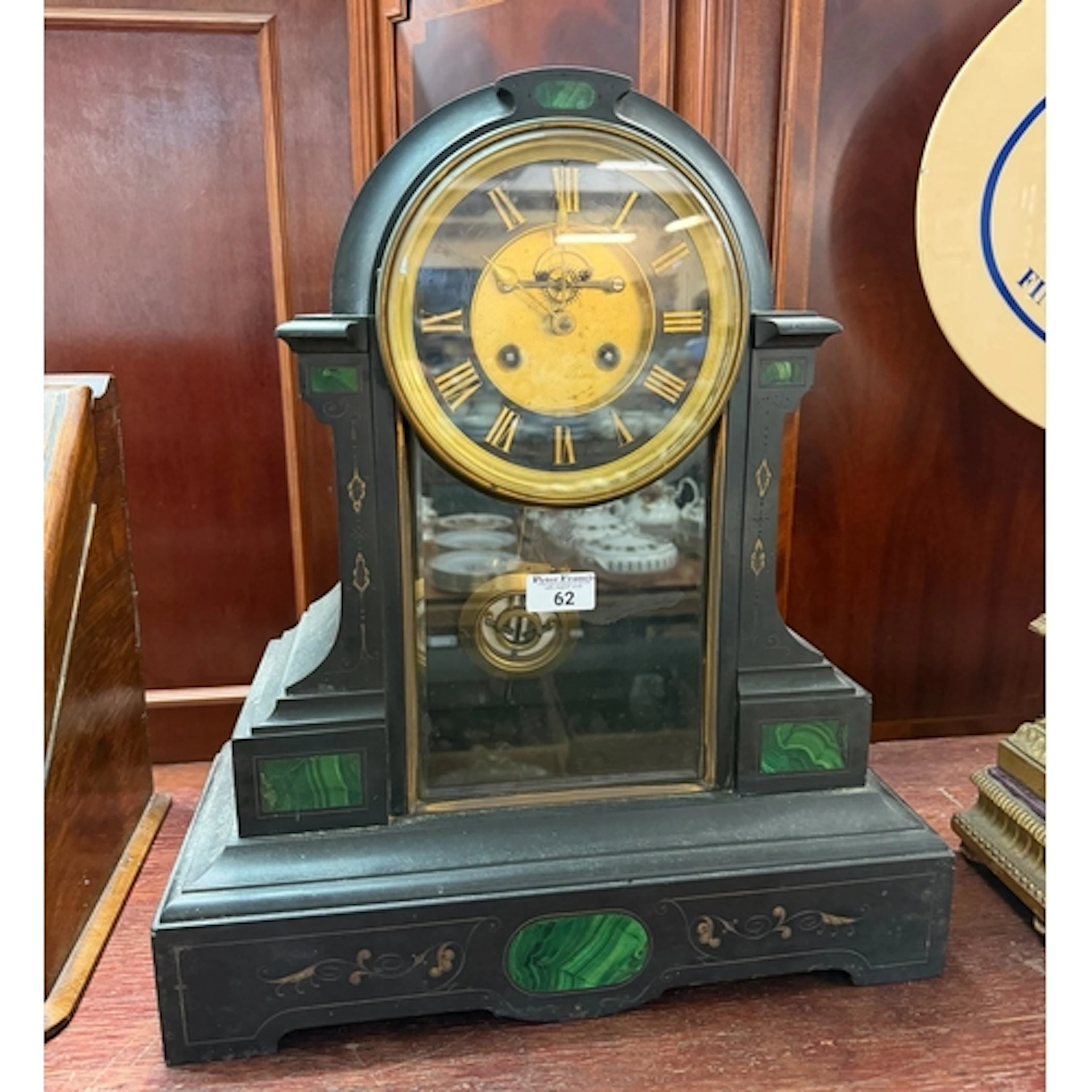 19th century black slate drum head mantel clock, having inla...