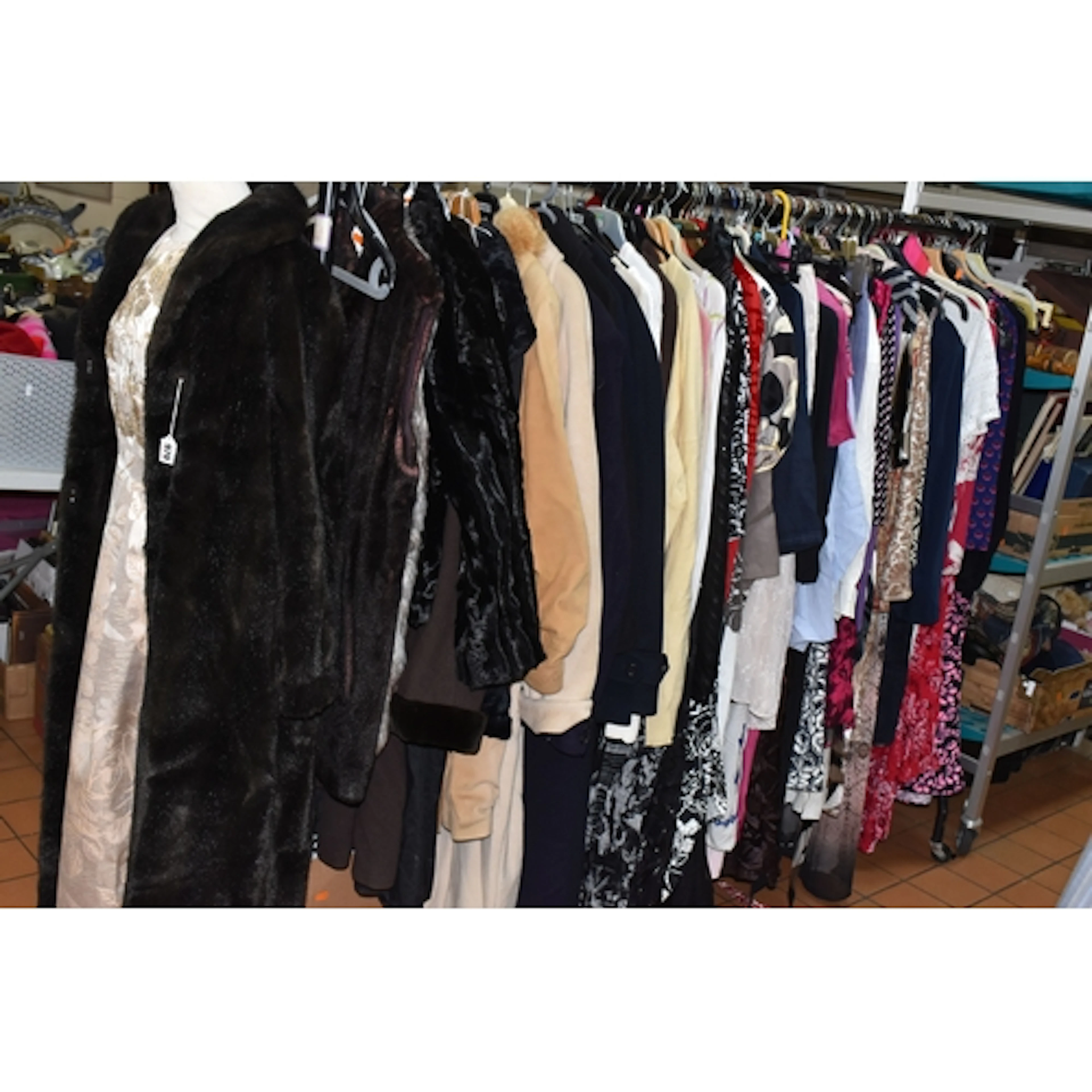 TWO BOXES AND LOOSE MOSTLY LADIES' CLOTHES AND ACCESSORIES, ...