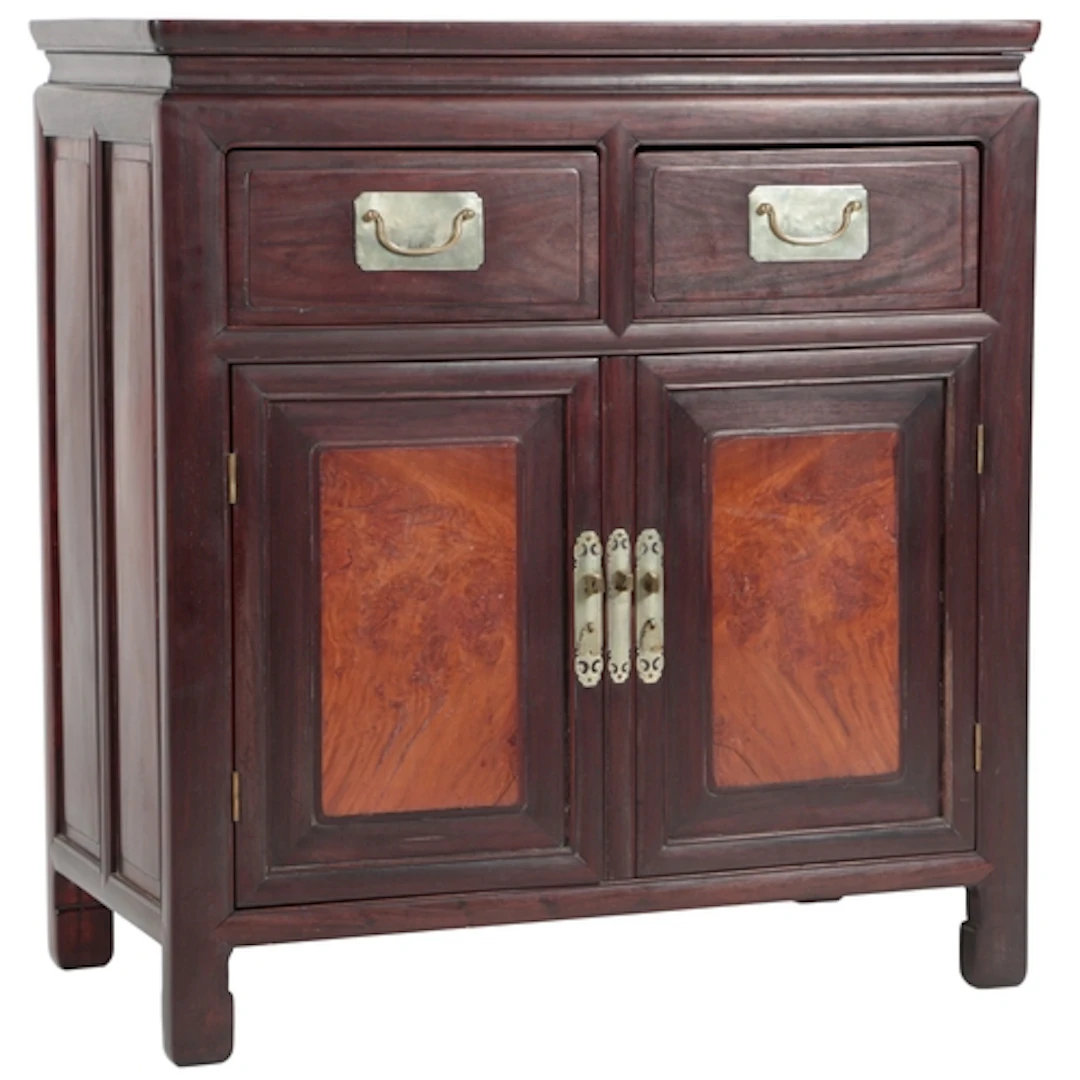 A Chinese hongmu, huali and burrwood panelled cabinet, c.190...