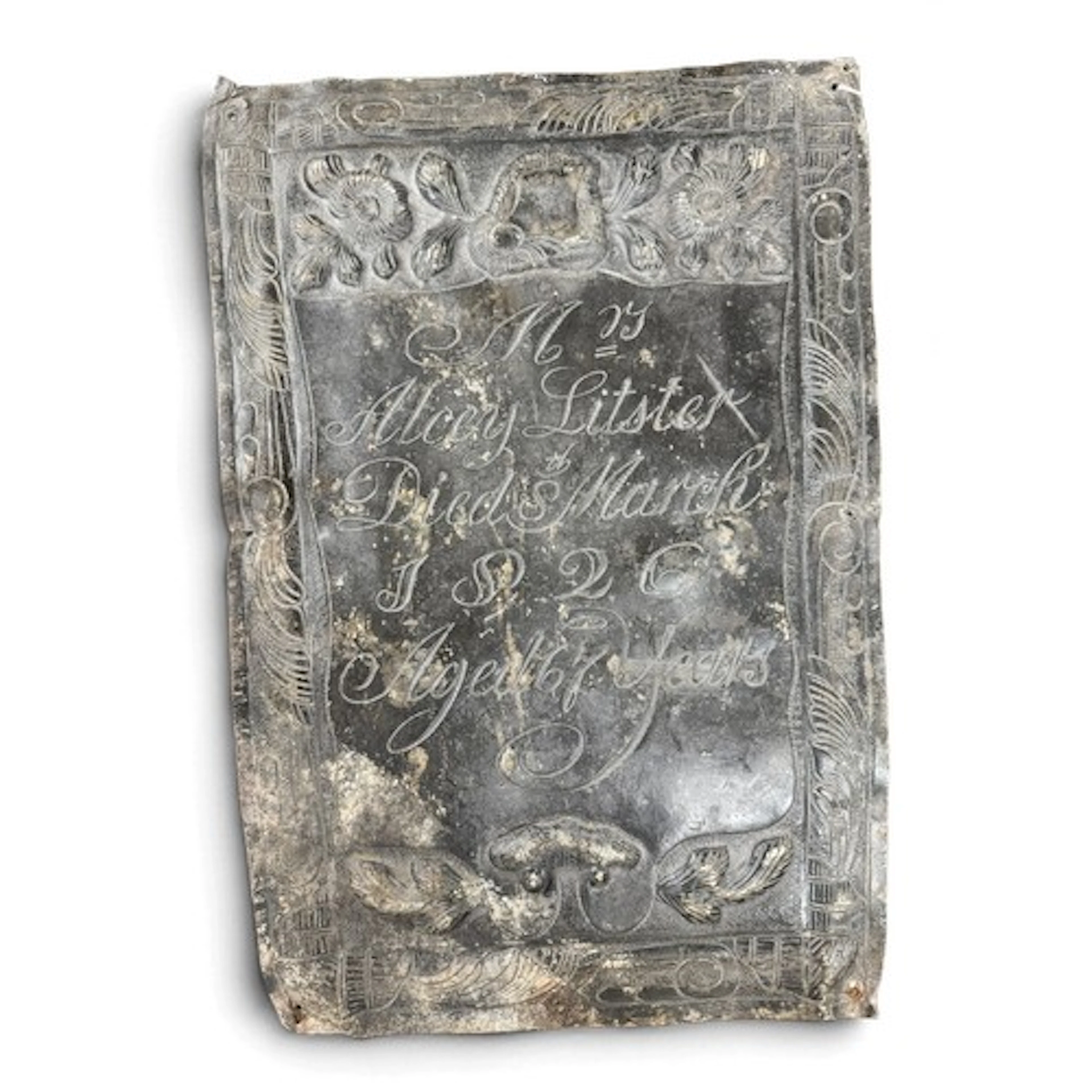 A large George IV lead coffin plaque, inscribed ‘Mrs Alcey L...