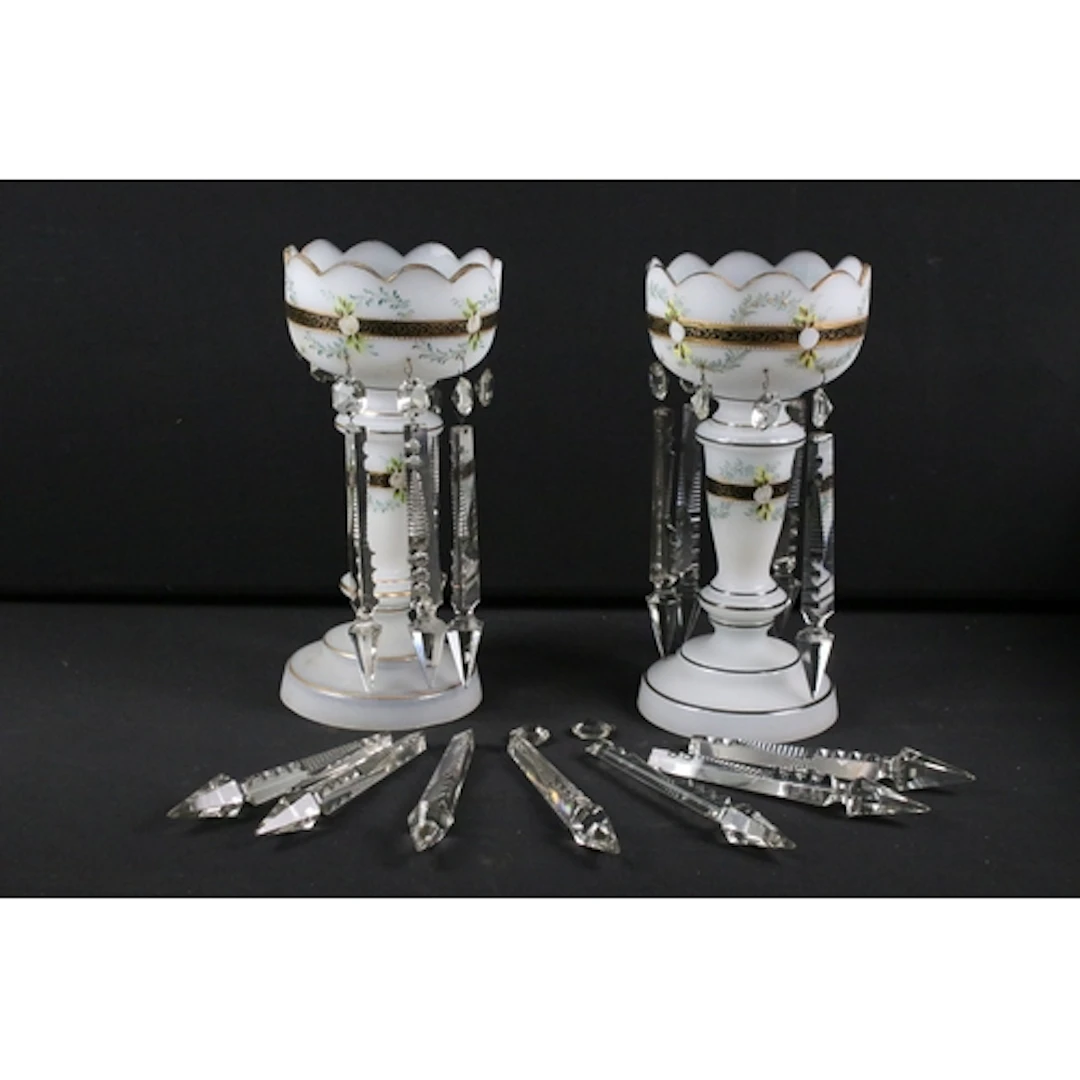 Pair of early 20th century glass lustres, having white groun...