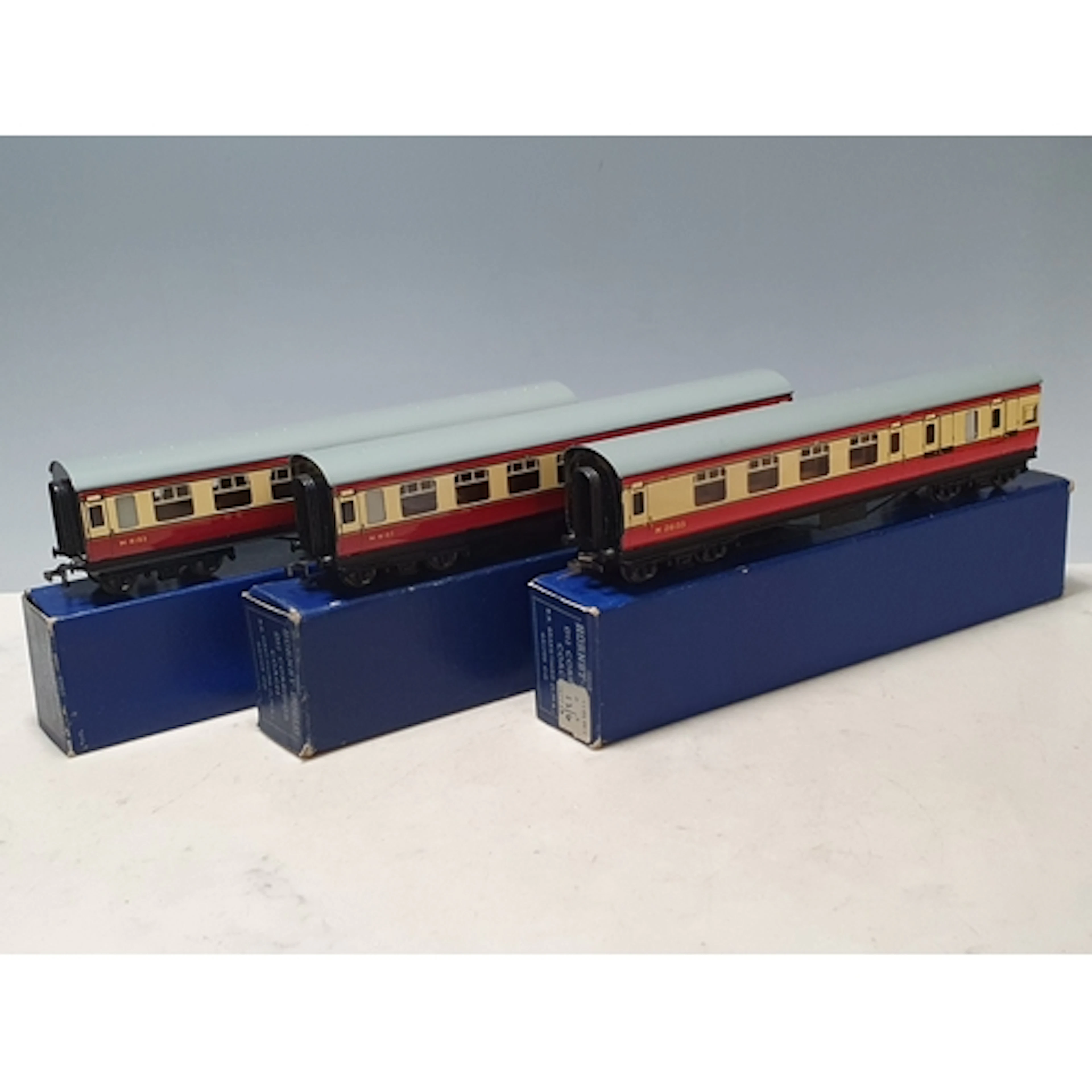 Three boxed Hornby Dublo D12 BR Corridor Coaches with LMS bo...