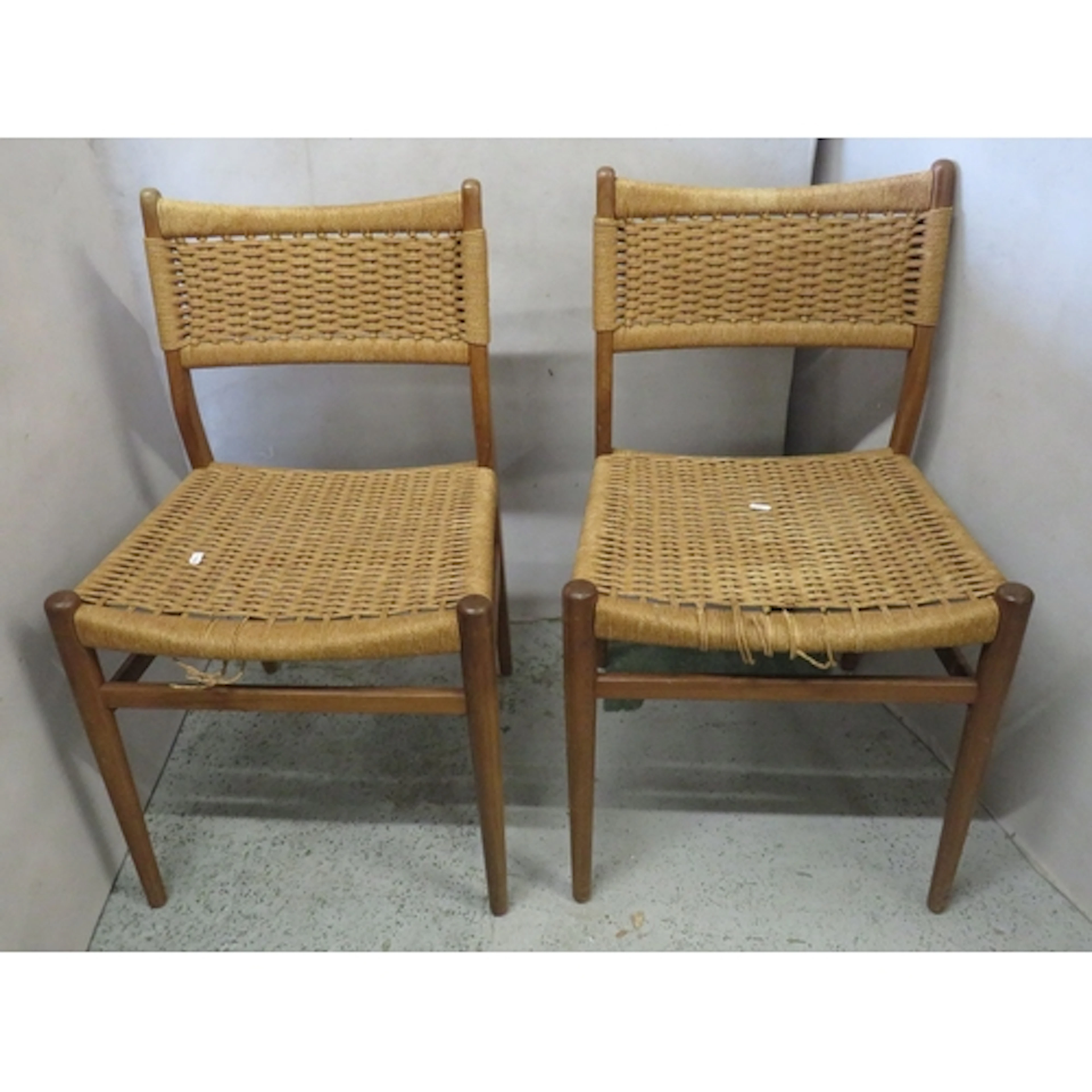 Pair Dark Wooden Mid Century Dining Chairs, woven back & sea...