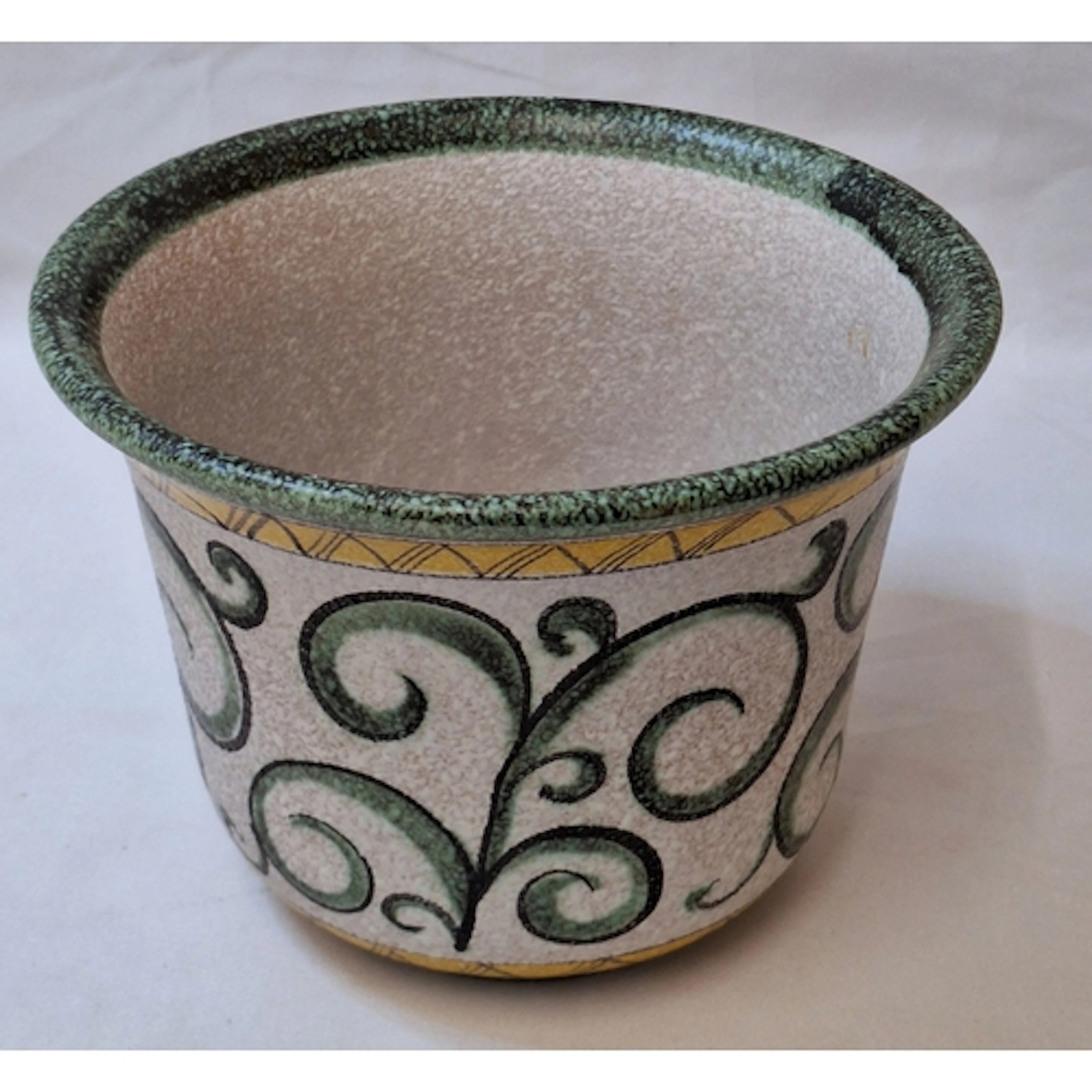 Vintage Planter with cream textured ground & green scrollwor...