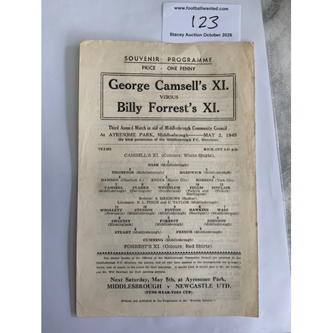 44/45 Charity Match Football Programme At Middlesbrough: Bor...