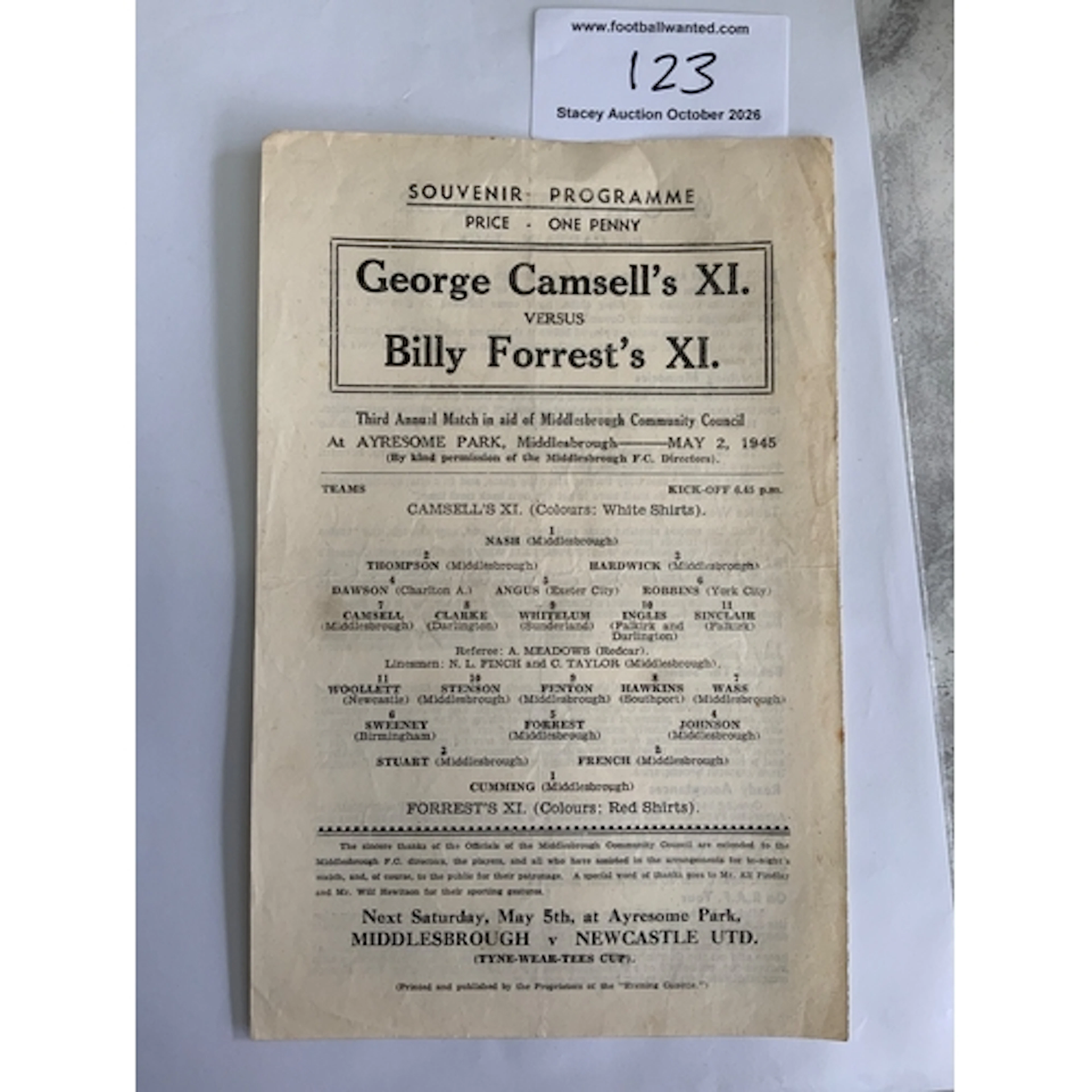 44/45 Charity Match Football Programme At Middlesbrough: Bor...